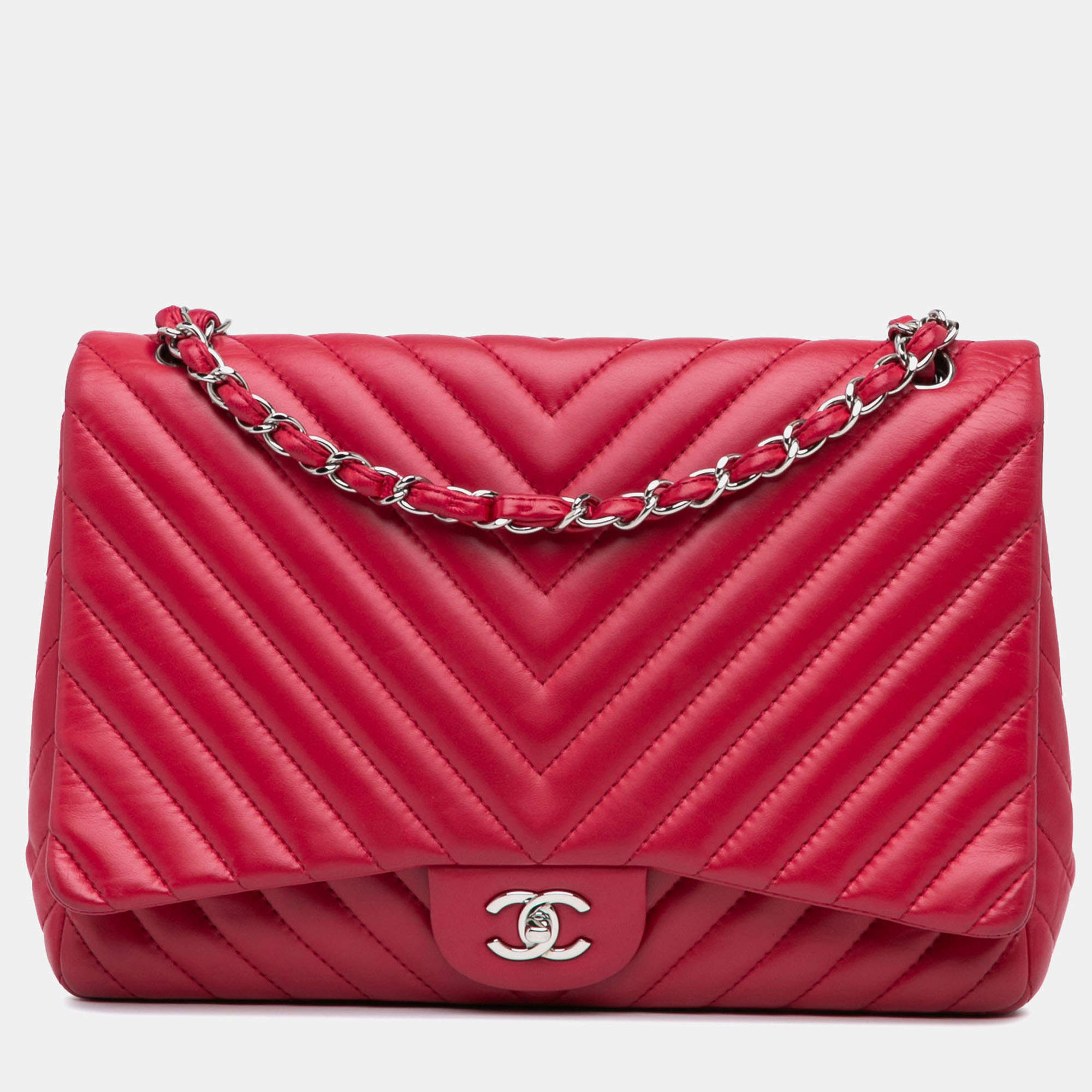 Pre Owned Chanel Pink Maxi Classic Chevron Lambskin Single Flap