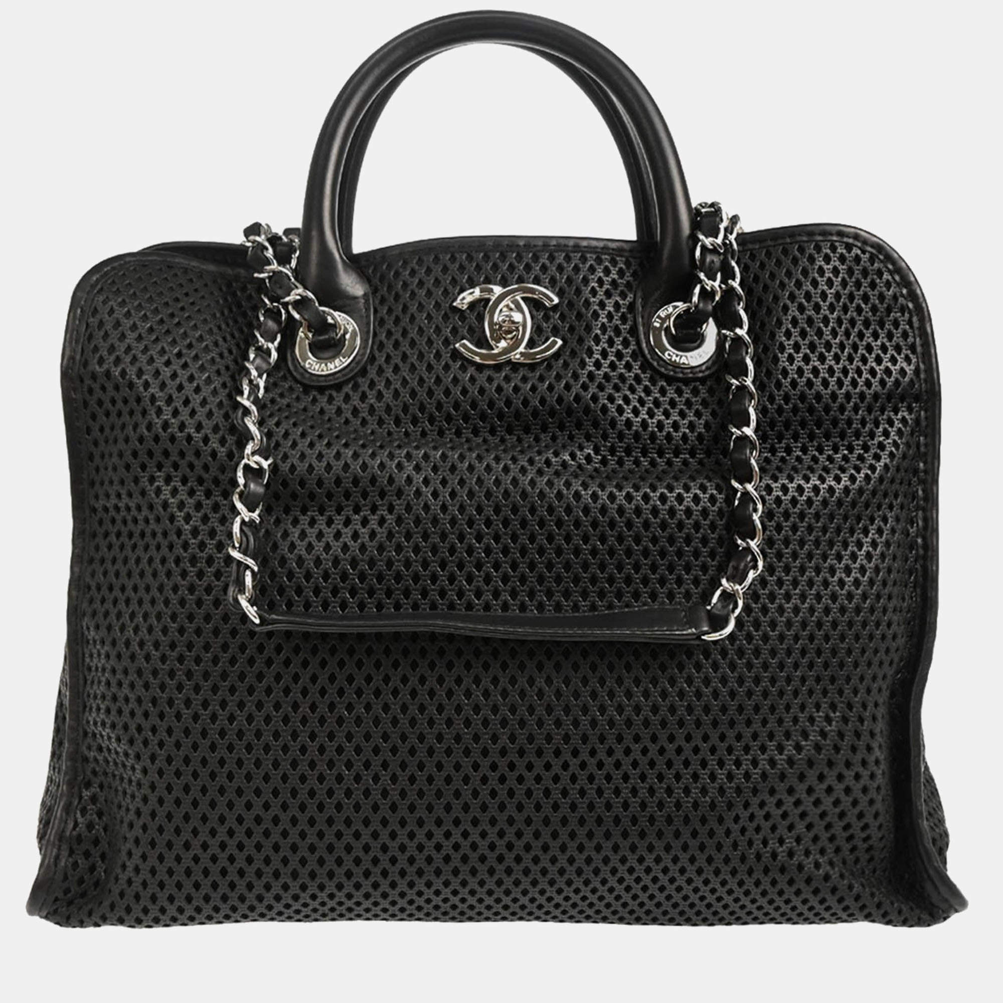 Pre Owned Chanel French Riviera Black Perforated Calfskin Top Handle Bag