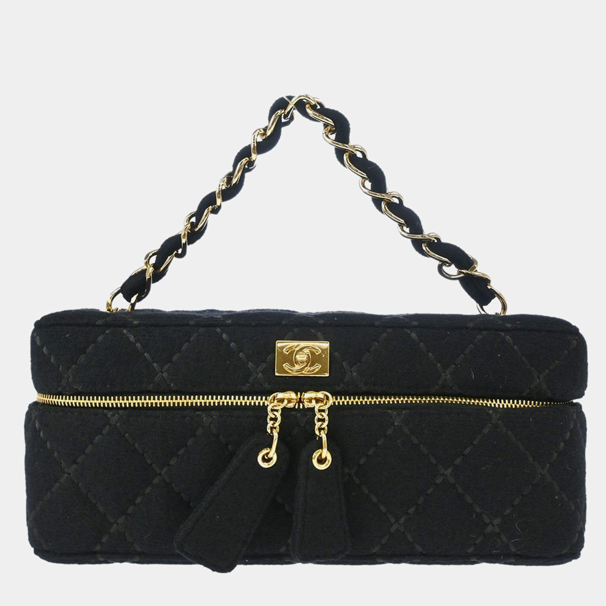 Pre Owned Chanel Vanity Black Cotton Wild Stitch Top Handle Bag