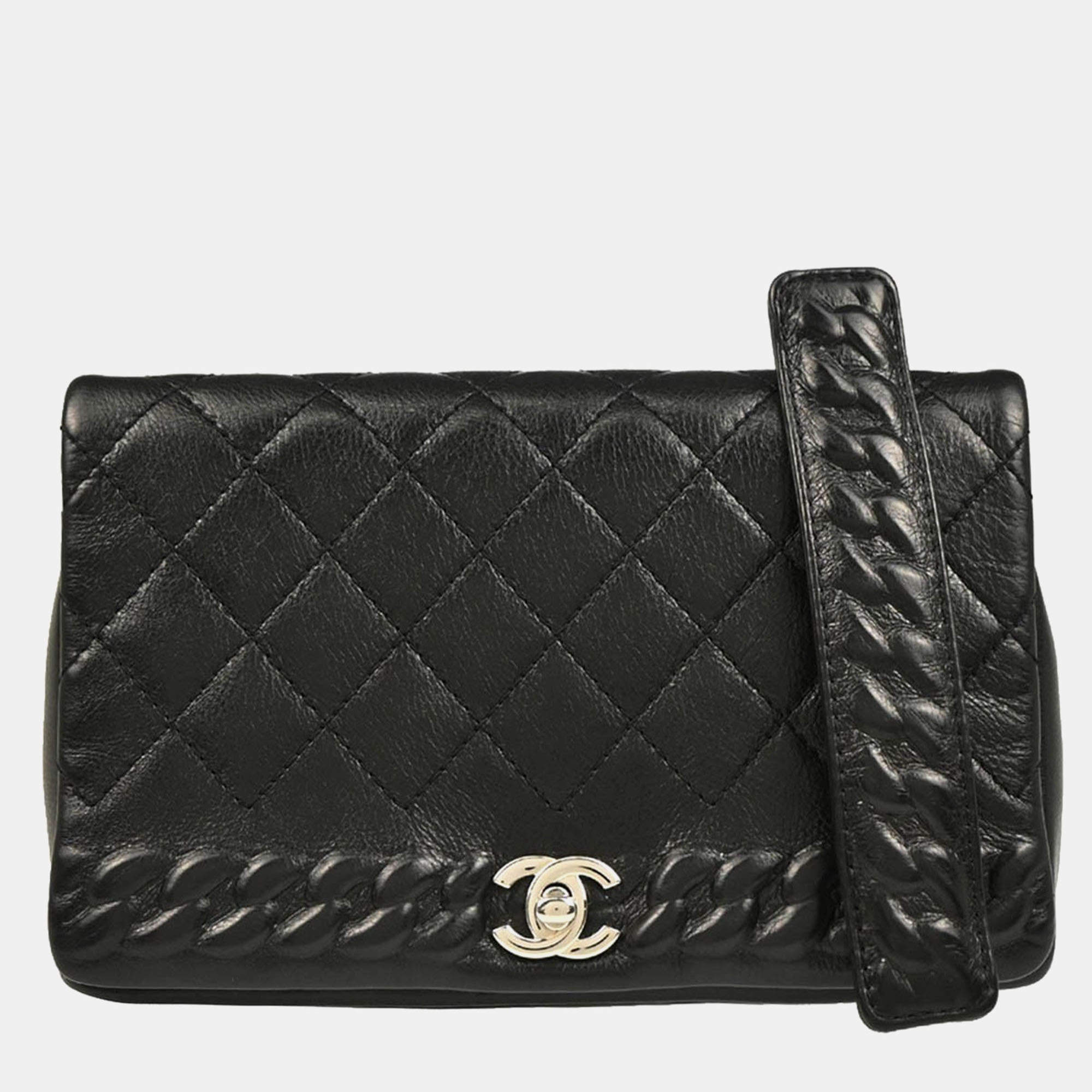 Pre Owned Chanel Turnlock Full Flap Small Black Embossed Calfskin Shoulder Bag