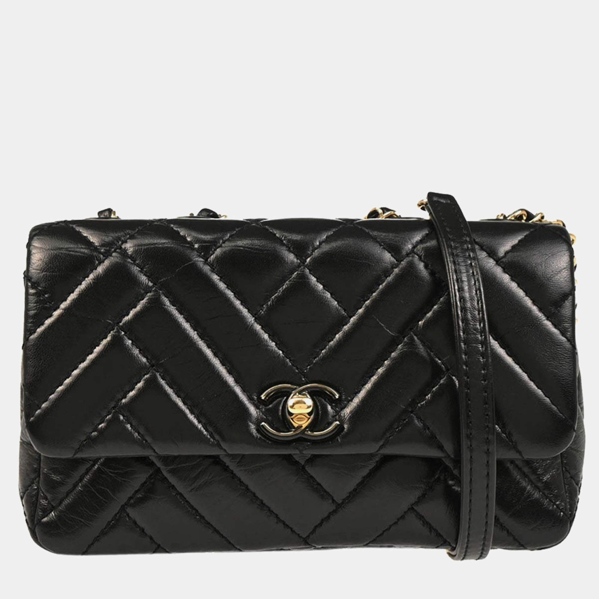 Pre Owned Chanel Straight Flap Black Lambskin Shoulder Bag