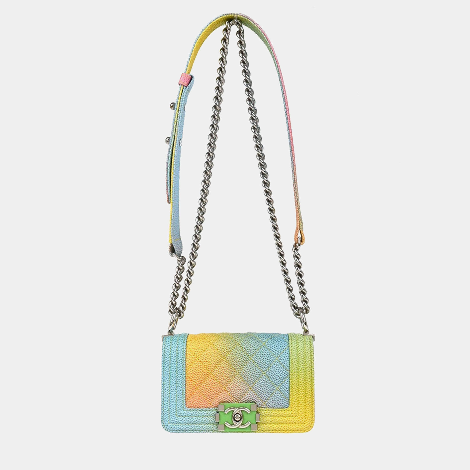 Pre Owned Chanel Boy Mini Multicolor Pastel Leather Shoulder Bag