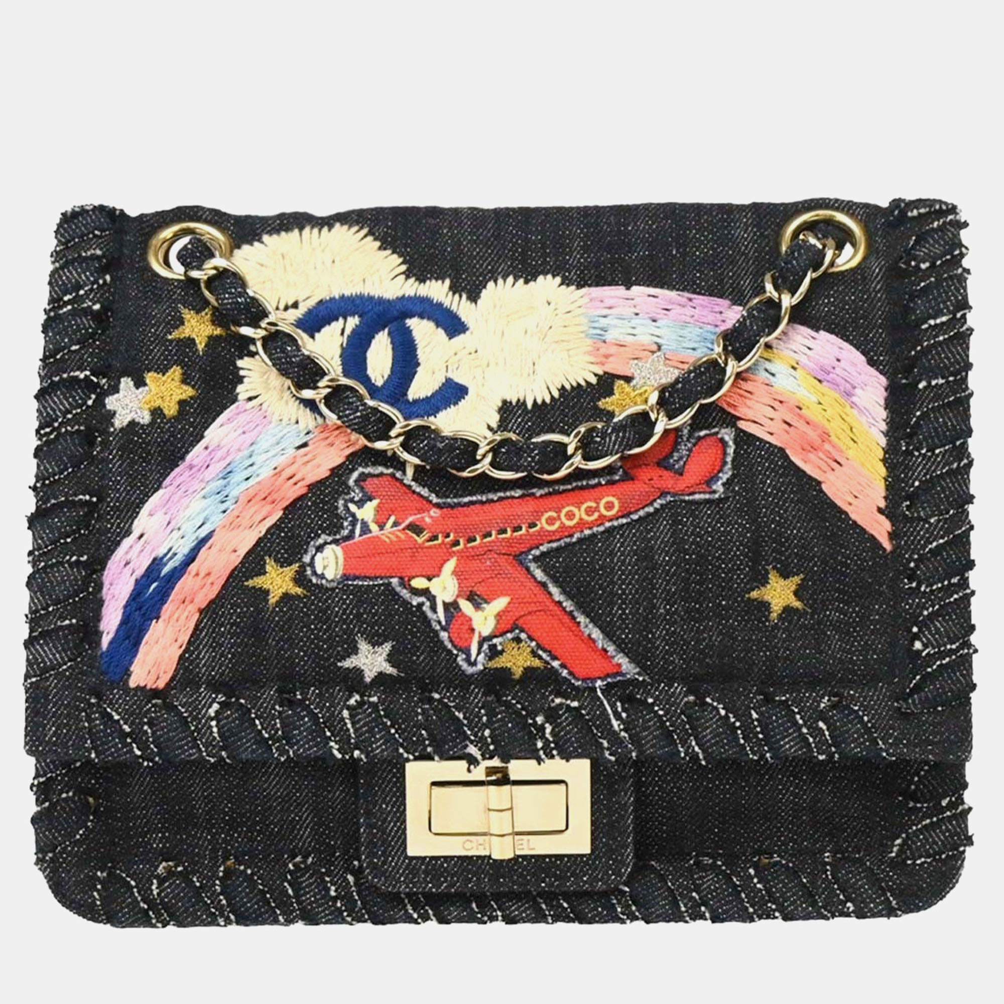Pre Owned Chanel Night Flight Mademoiselle Lock Indigo Denim Shoulder Bag