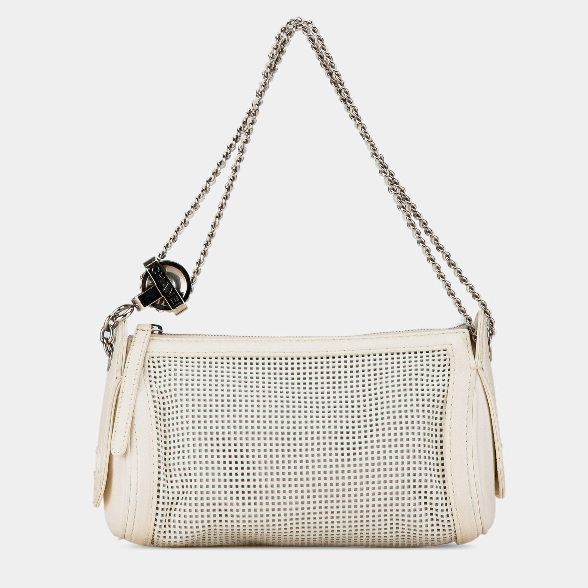 Pre Owned Chanel Cream Caviar Perforated Pulley Shoulder Bag