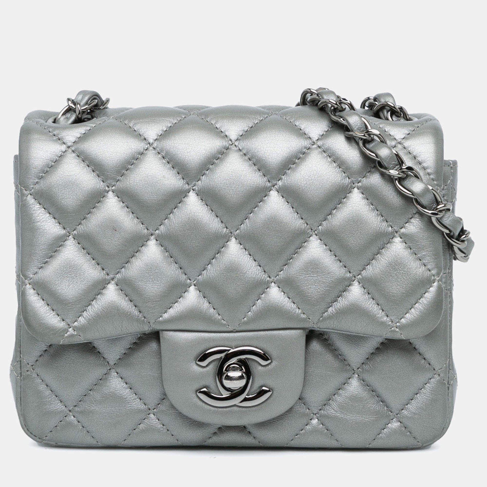 Pre Owned Chanel Silver Mini Square Classic Calfskin Single Flap