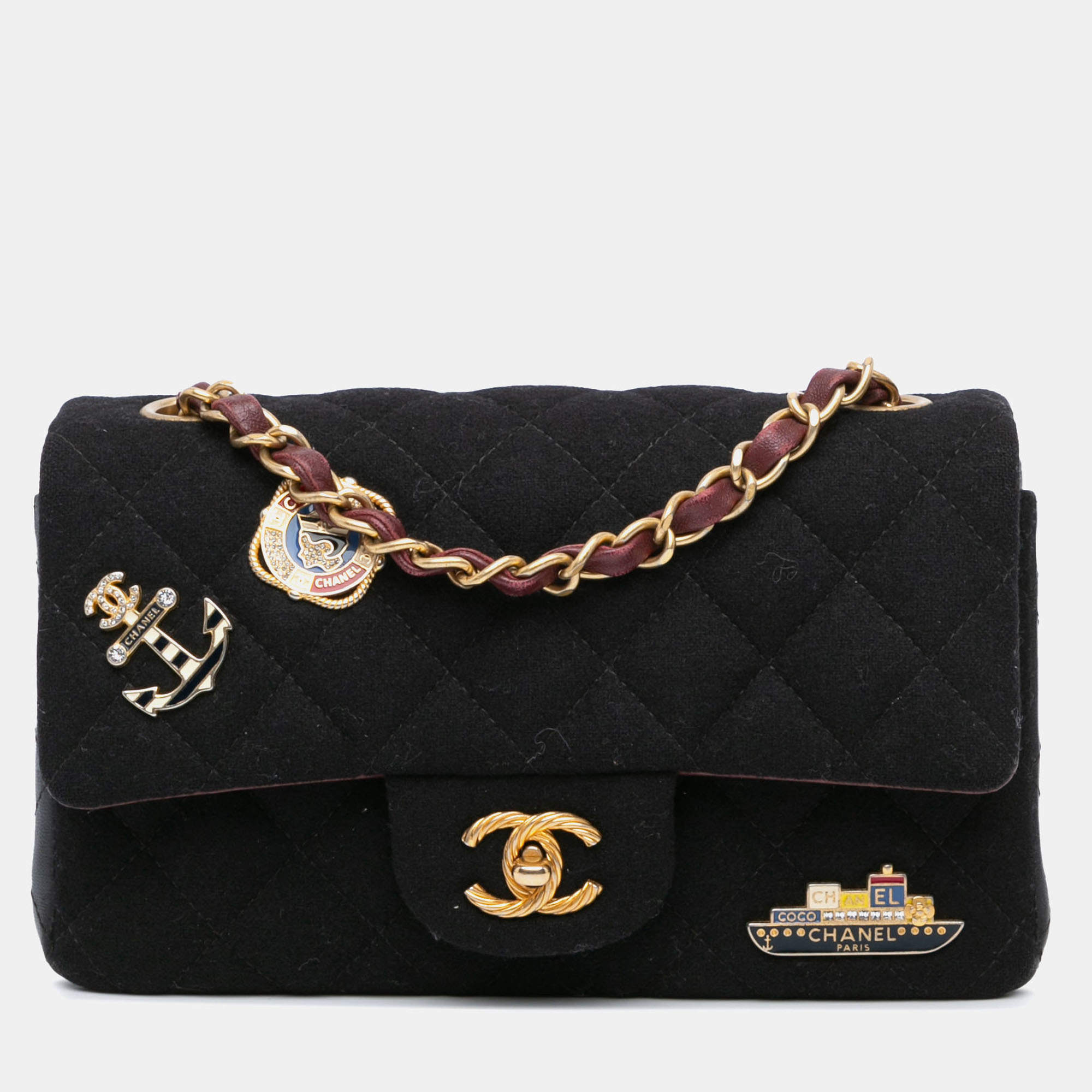 Pre Owned Chanel Black Paris Hamburg Mini Rectangular Classic Wool Coco Sailor Charms Double Flap