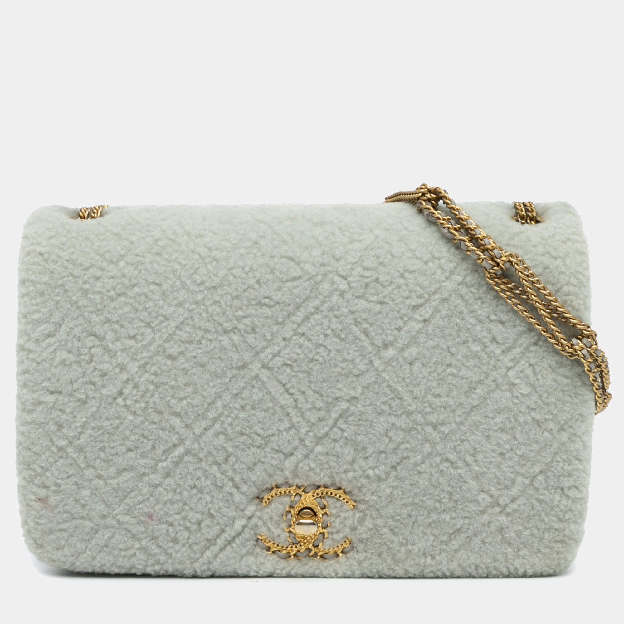 Pre Owned Chanel Grey Quilted Shearling Chain Flap