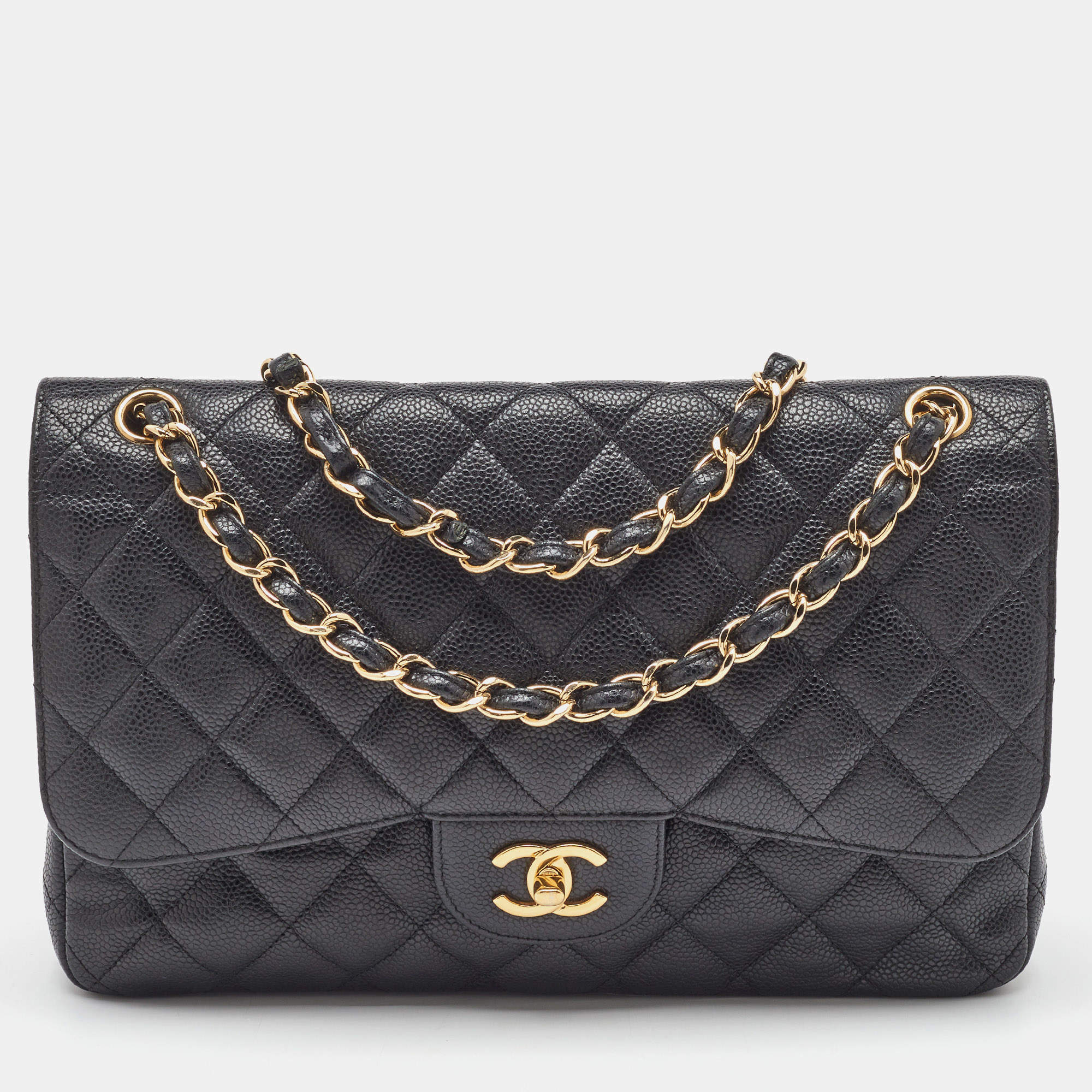 Pre Owned Chanel Black Quilted Caviar Leather Jumbo Classic Double Flap Bag