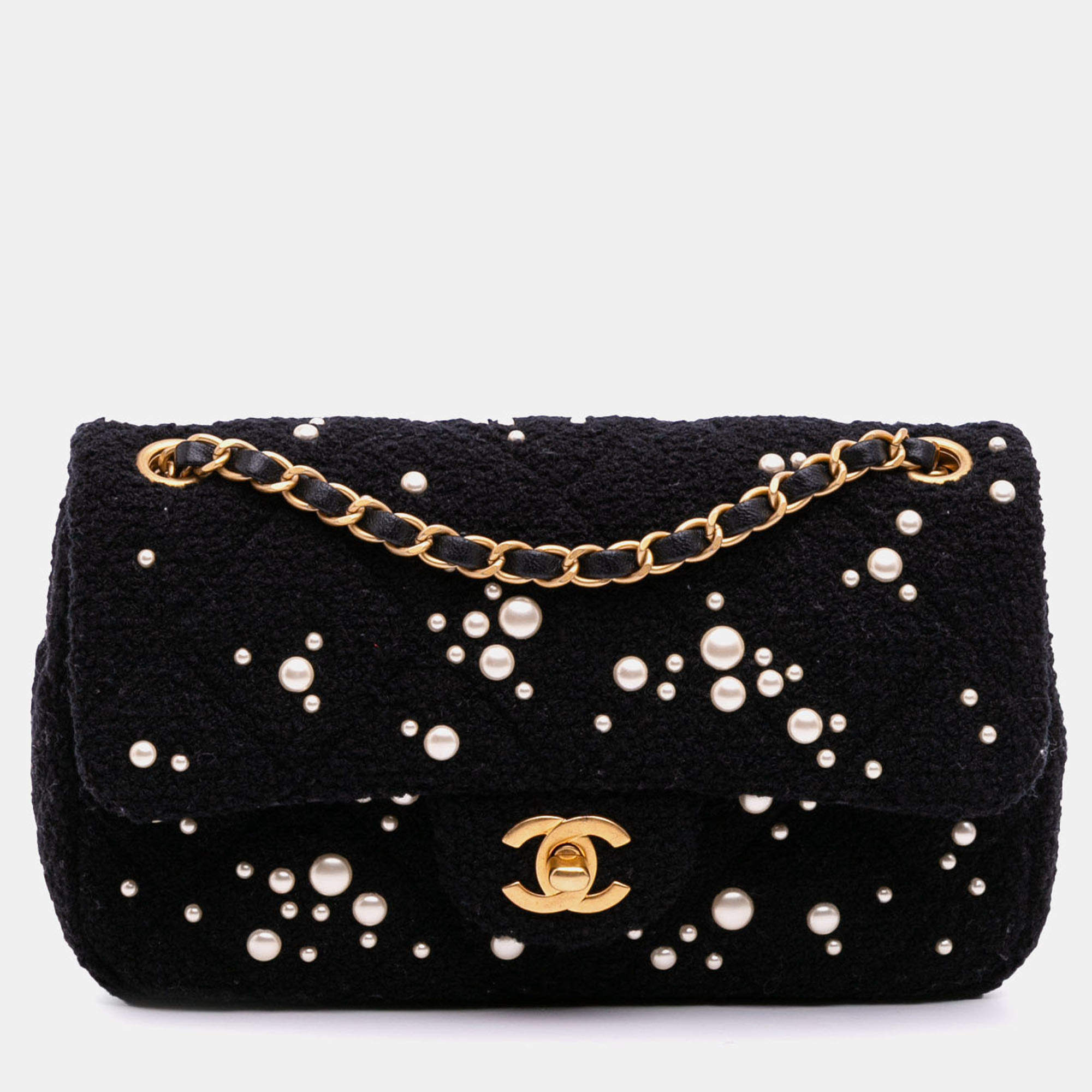 Pre Owned Chanel Black Small Tweed Pearl Cosmos Flap Bag