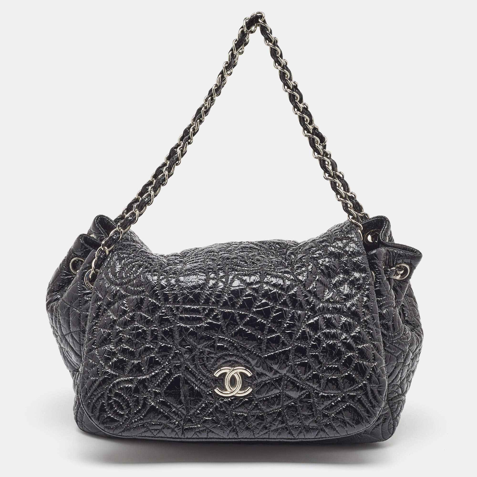 Pre Owned Chanel Black Quilted Patent Vinyl Graphic Edge Classic Flap Bag