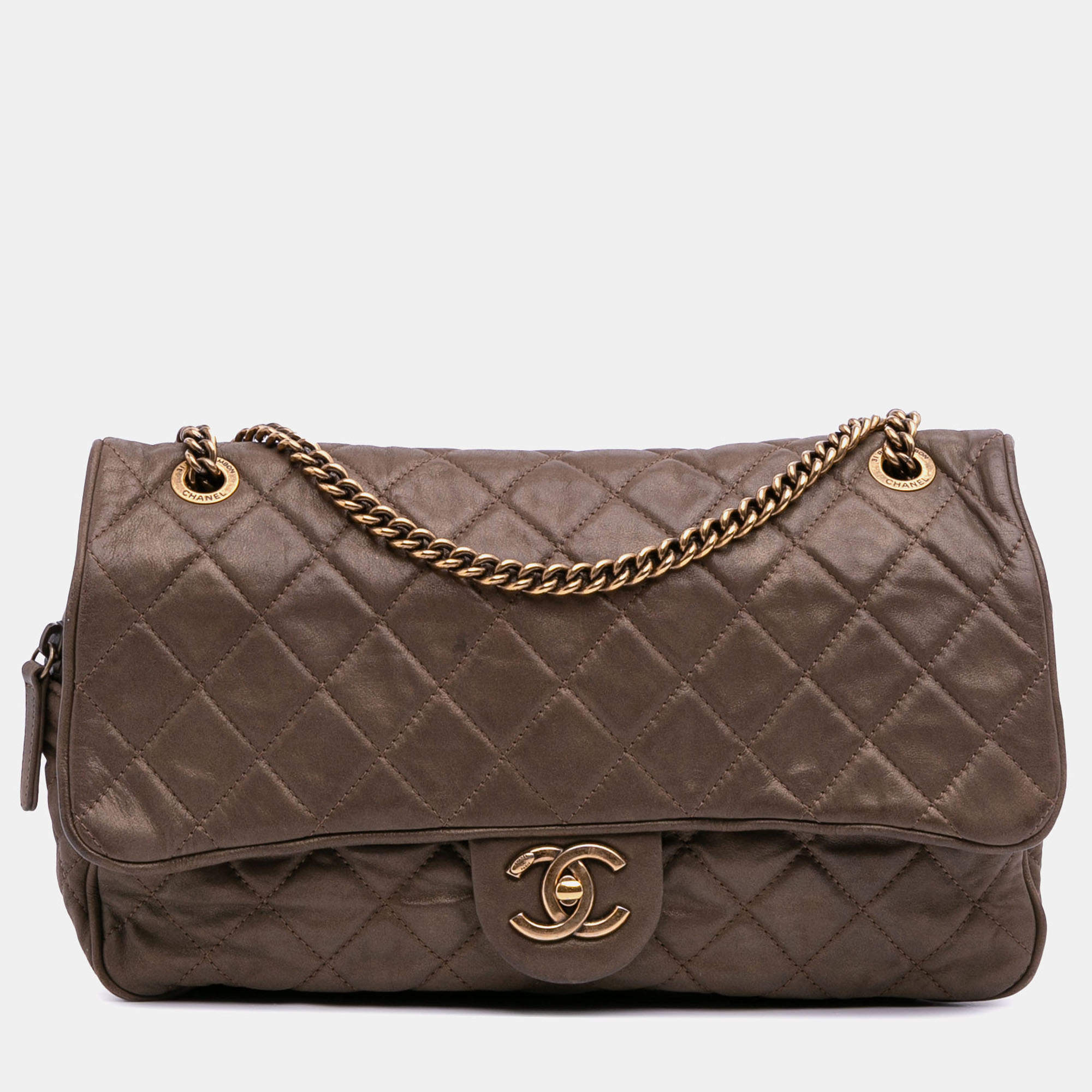 Pre Owned Chanel Brown Large Quilted Iridescent Calfskin Shiva Flap
