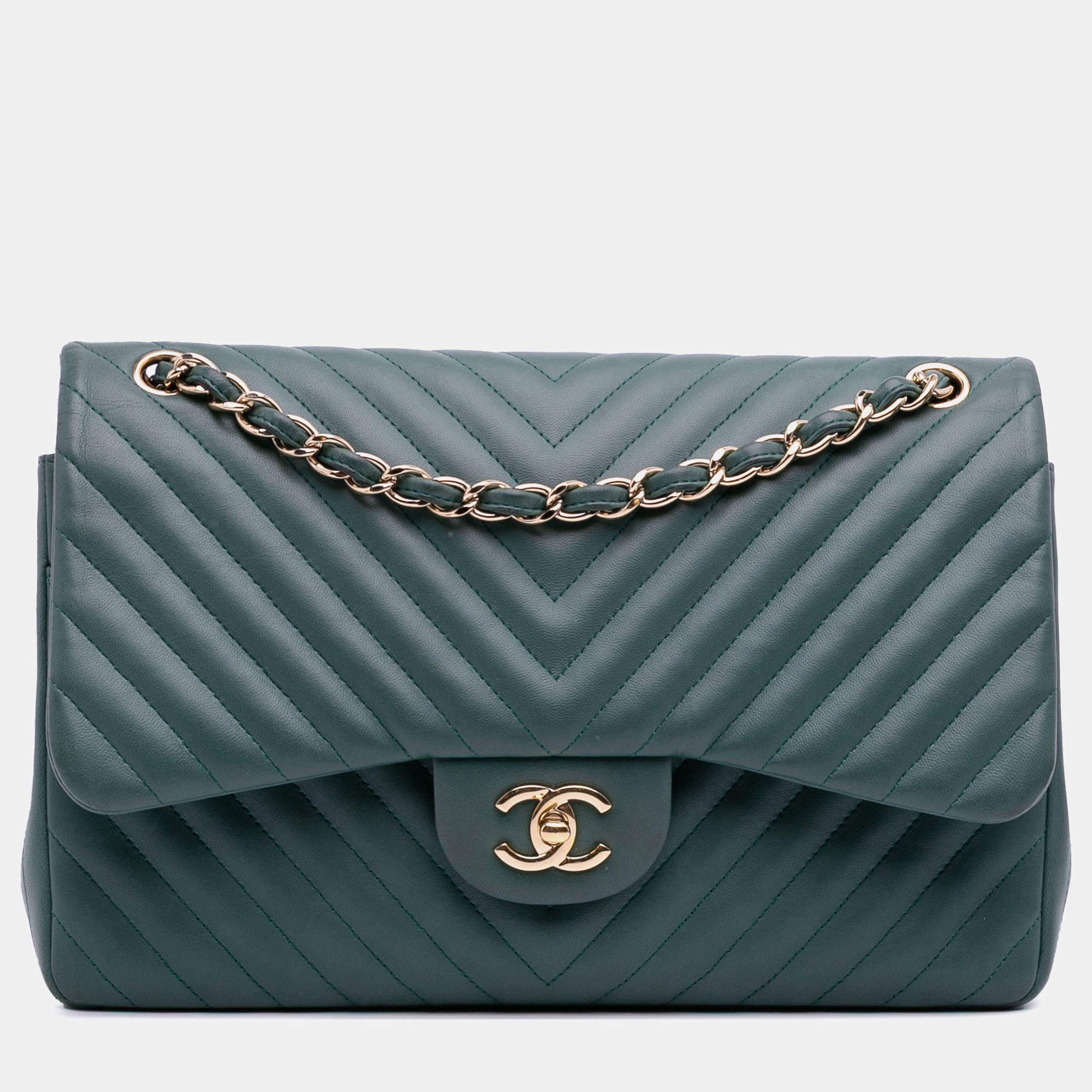 Pre Owned Chanel Green Jumbo Classic Chevron Lambskin Double Flap