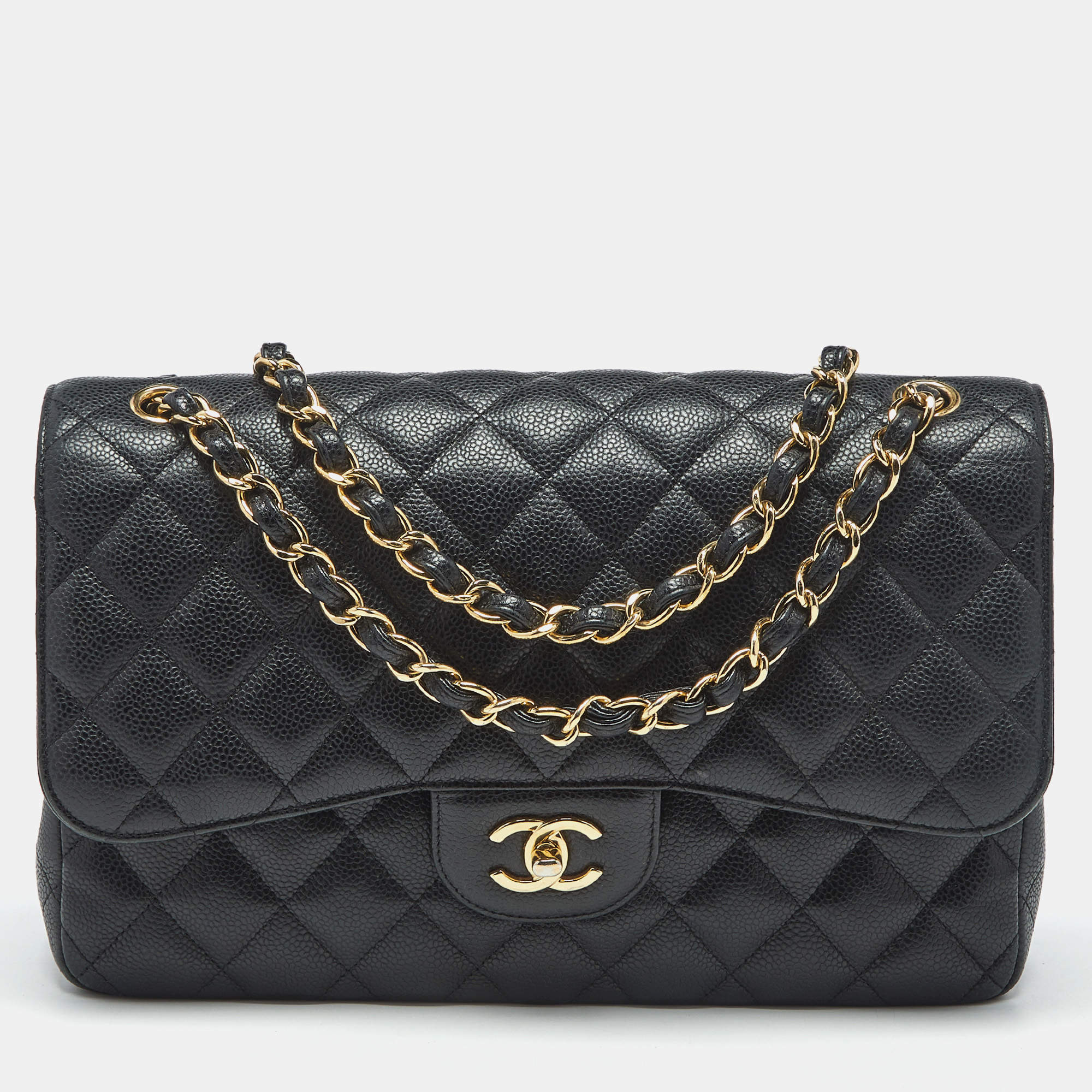 Pre Owned Chanel Black Quilted Caviar Leather Jumbo Classic Double Flap Bag