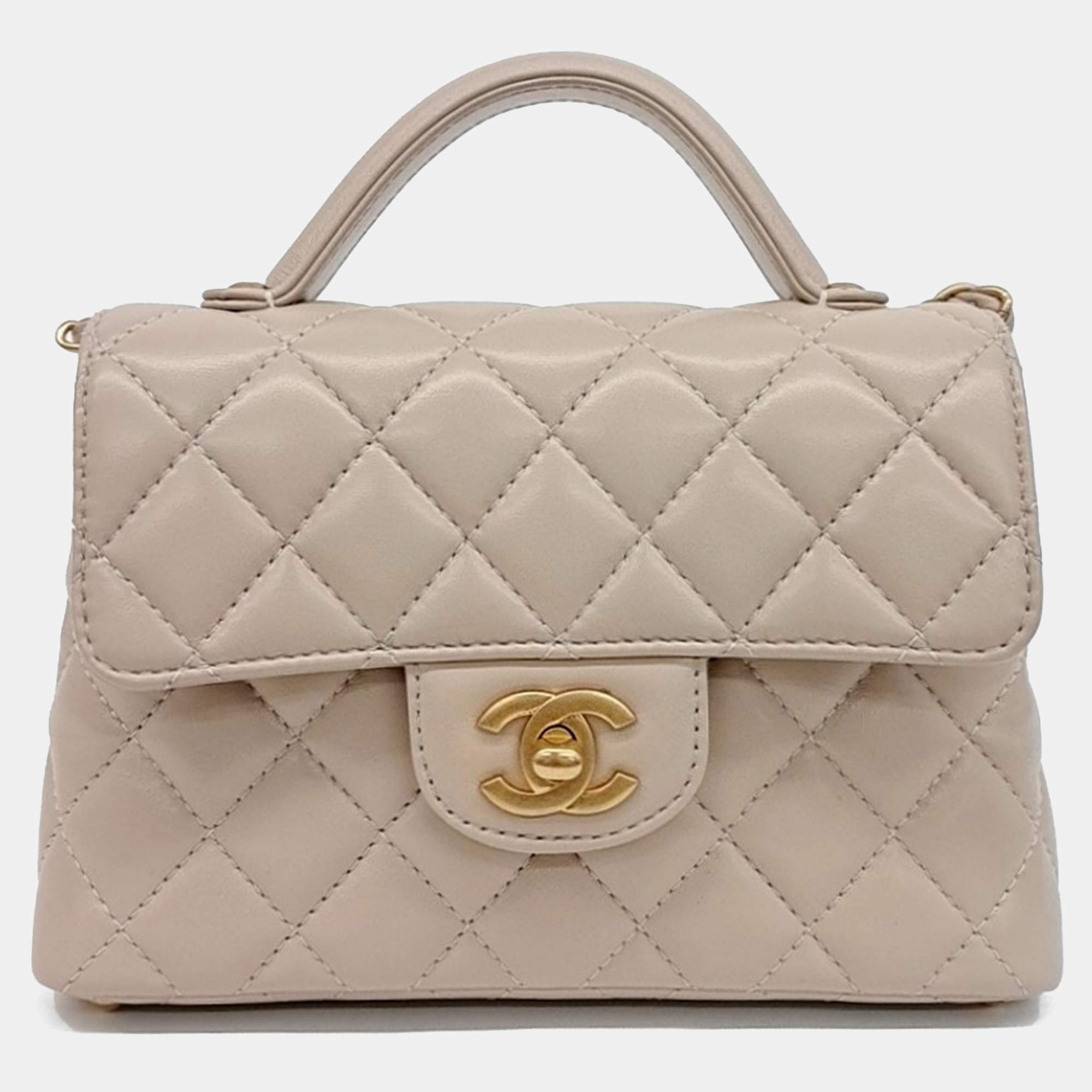 Pre Owned Chanel Beige Leather Small Top Handle Flap Bag