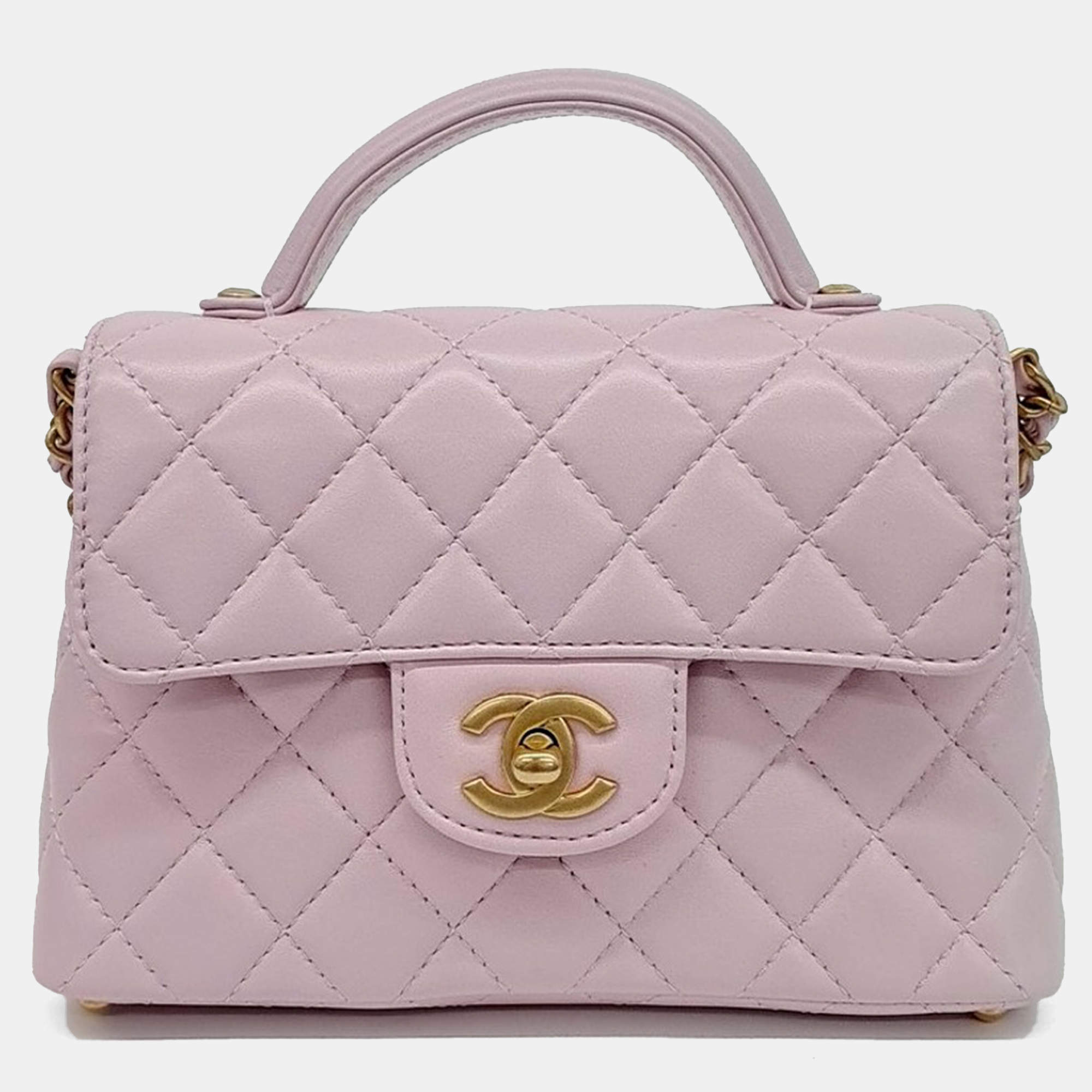 Pre Owned Chanel Pink Leather Small Top Handle Flap Bag