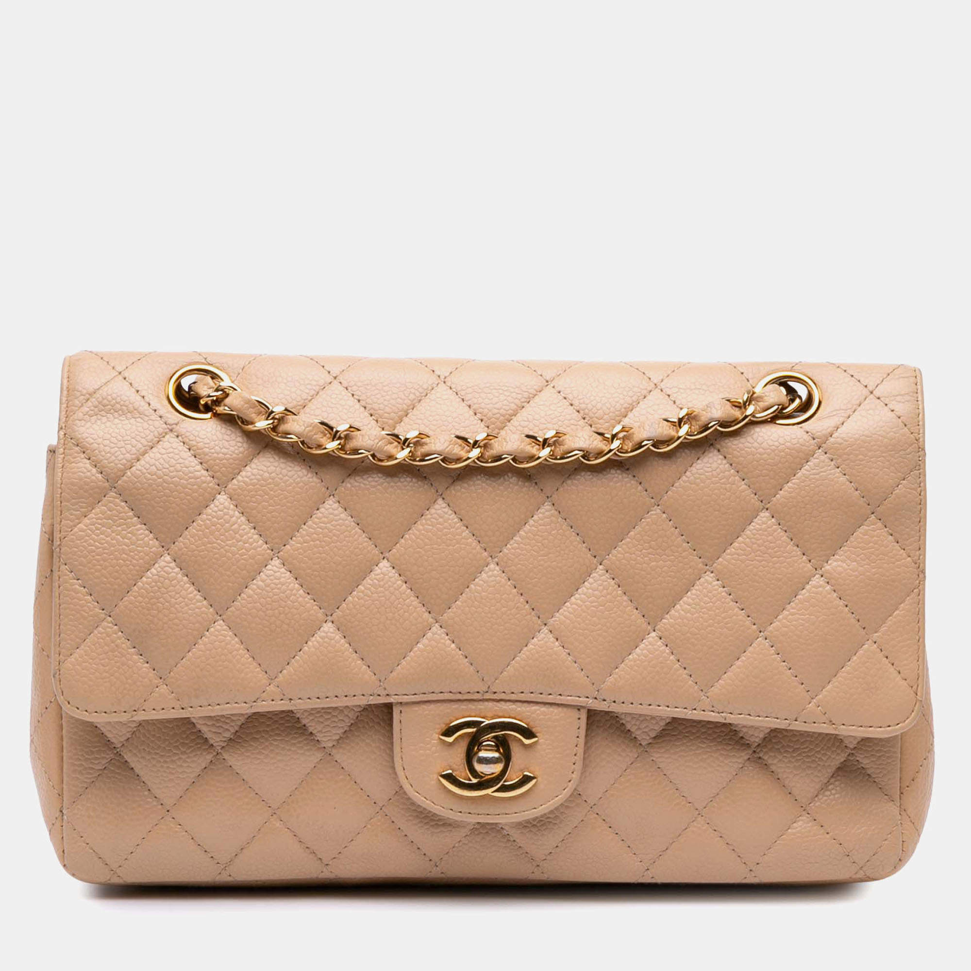 Pre Owned Chanel Beige Medium Classic Caviar Double Flap
