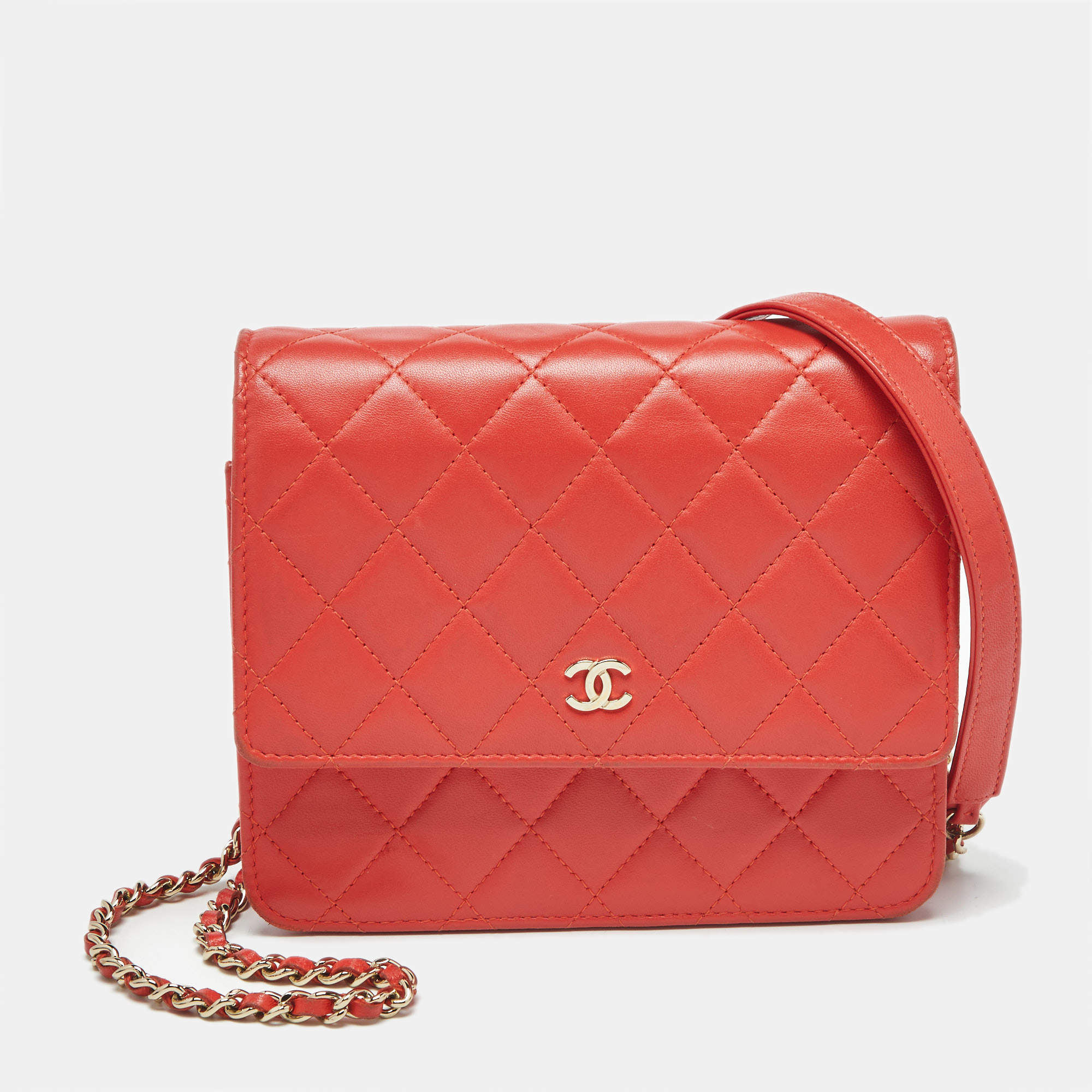 Pre Owned Chanel Orange Quilted Leather Classic Wallet On Chain