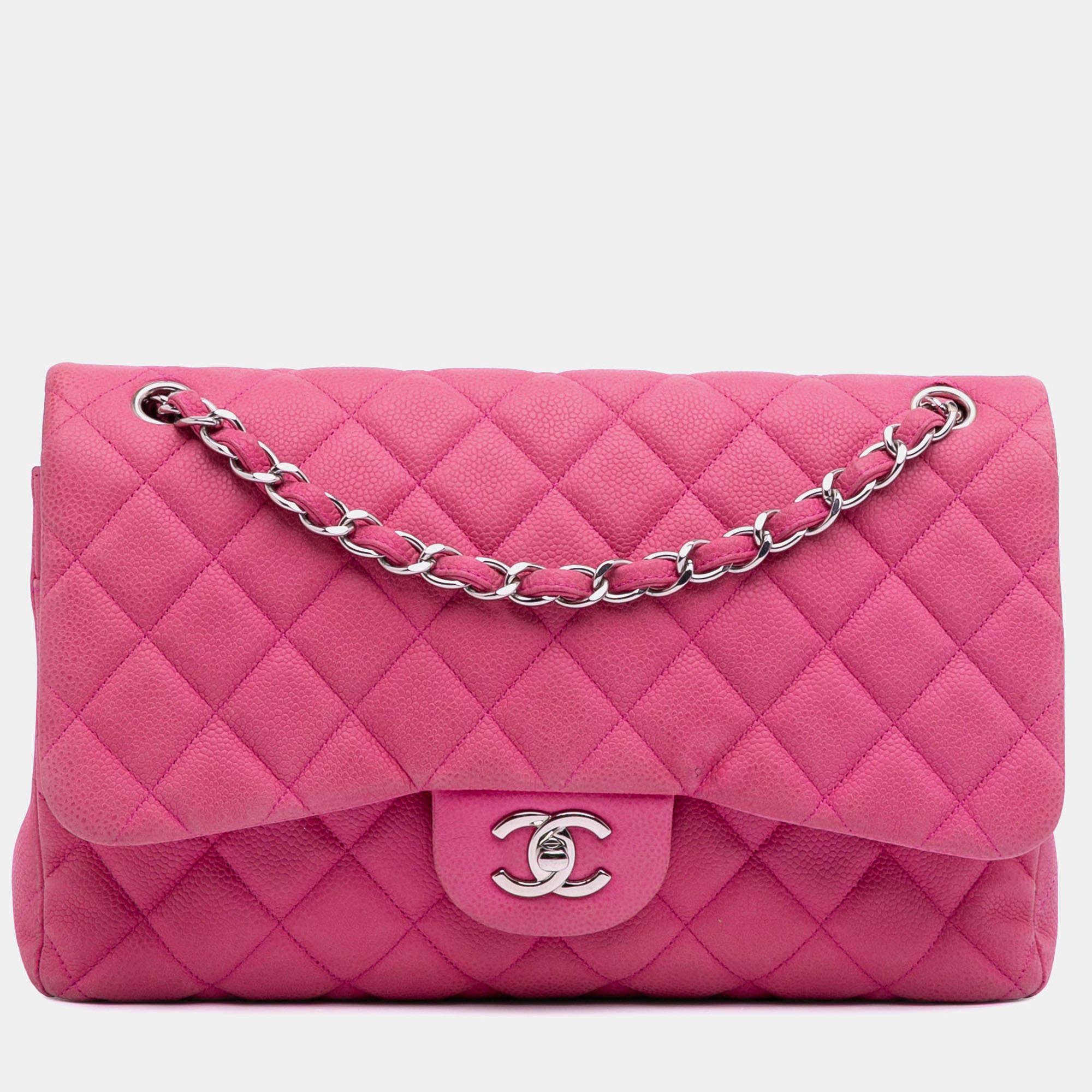 Pre Owned Chanel Pink Jumbo Classic Caviar Double Flap Bag