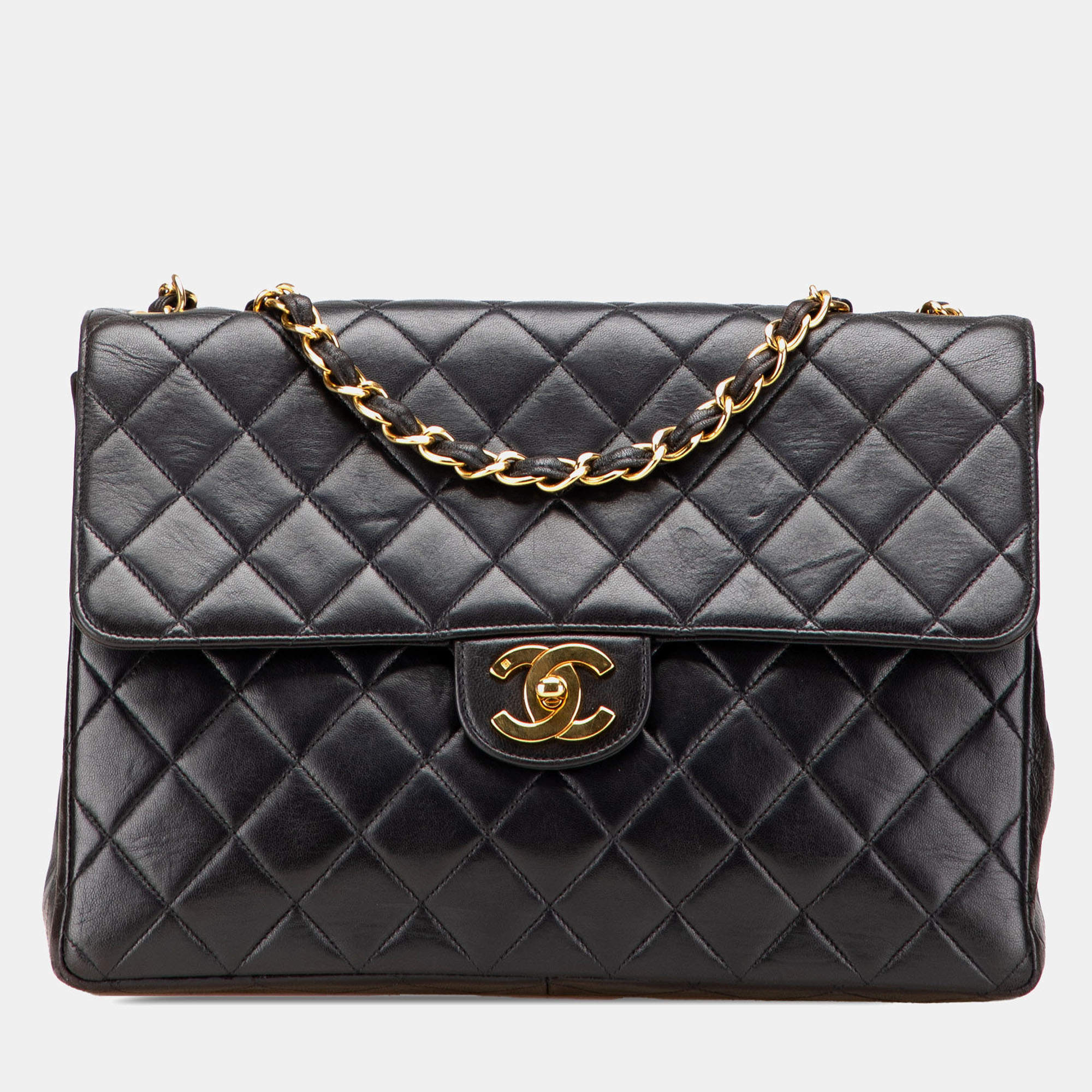 Pre Owned Chanel Black Jumbo Classic Lambskin Single Flap Bag