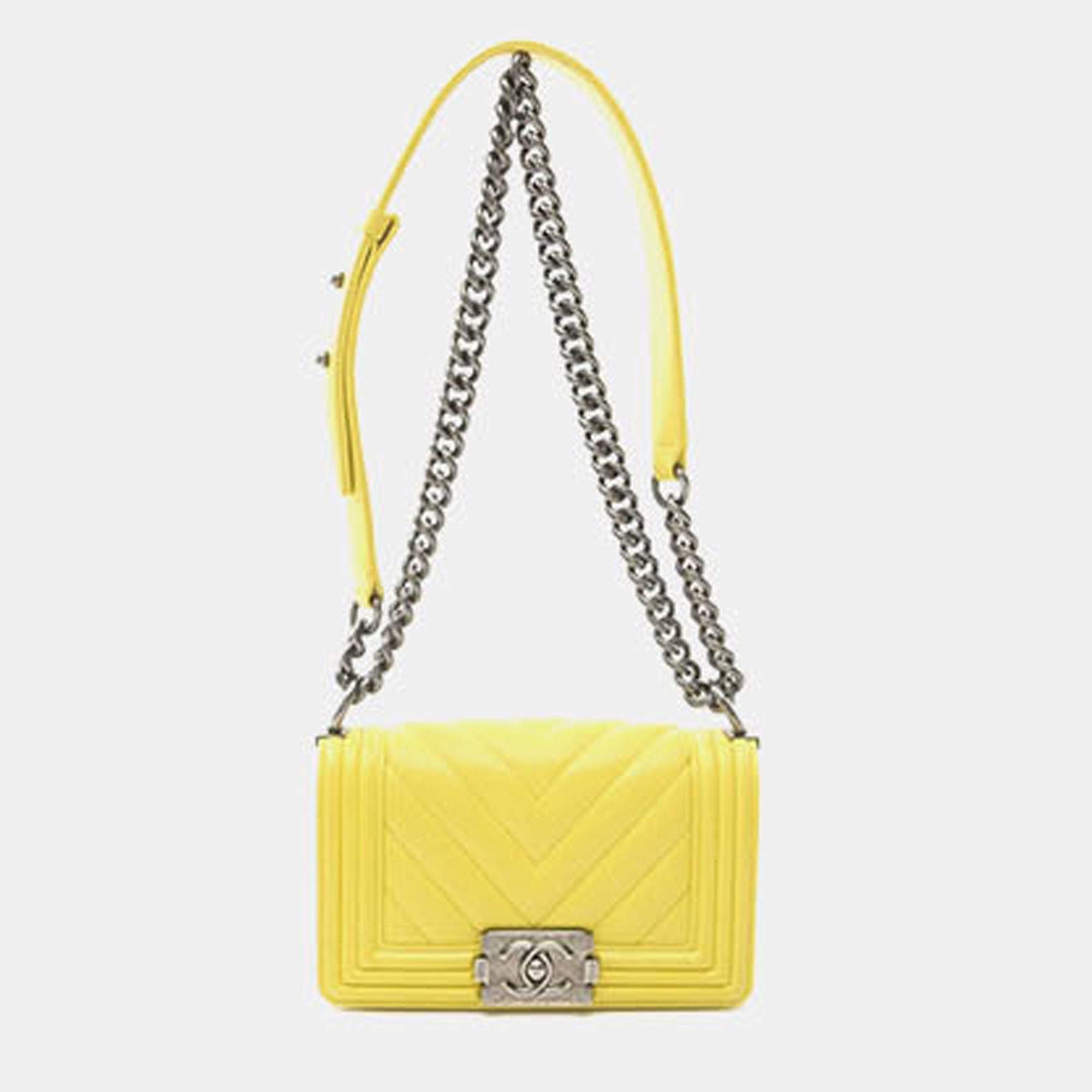 Pre Owned Chanel Boy Small Chevron Yellow Lambskin Shoulder Bag