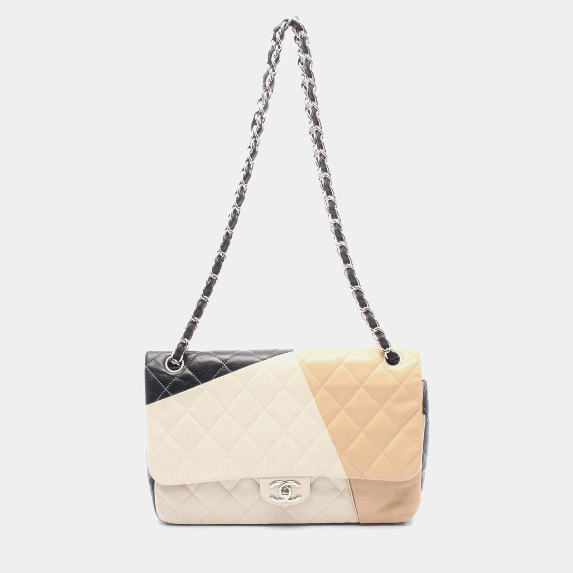 Pre Owned Chanel Classic Double Flap Black White Beige Lambskin Shoulder Bag