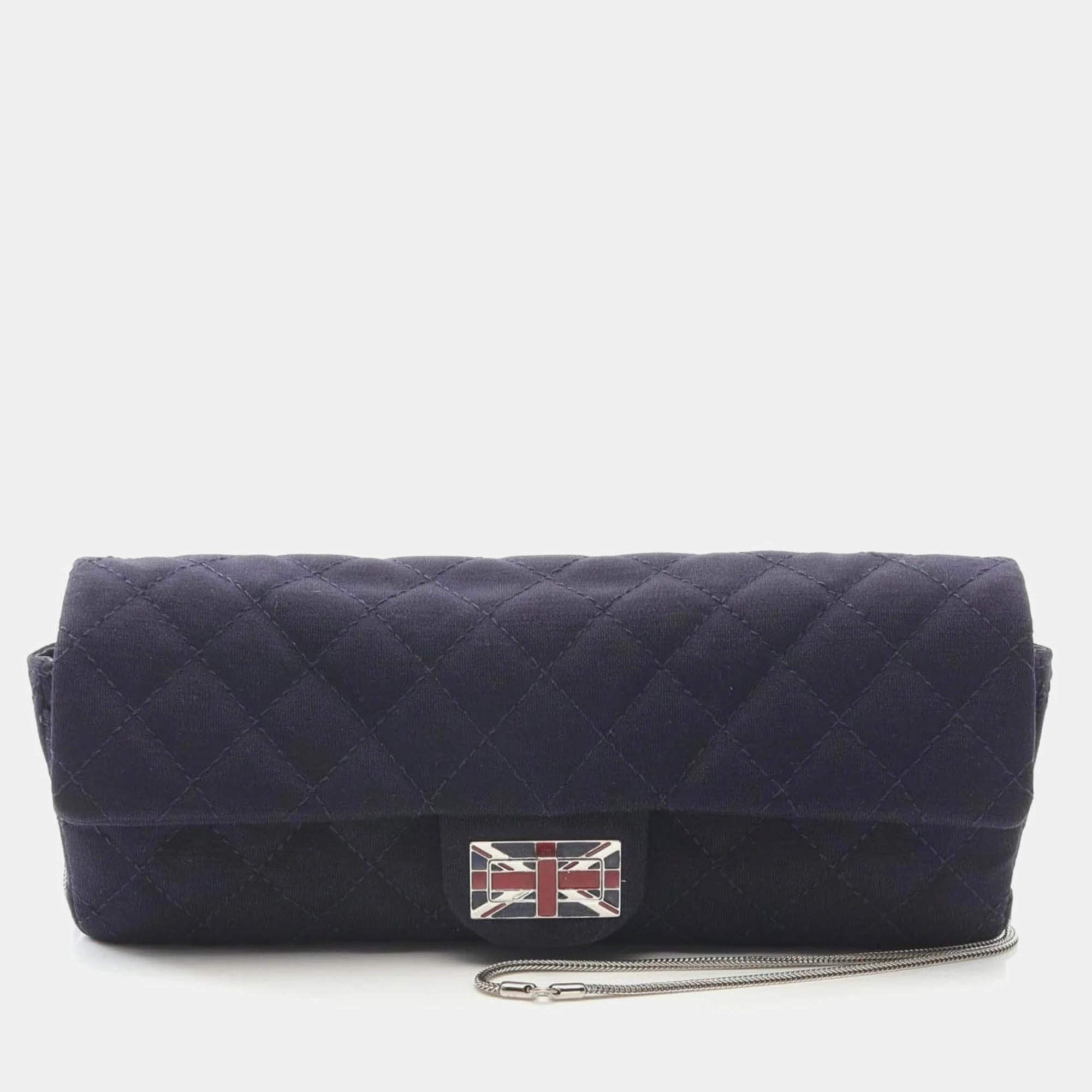 Pre Owned Chanel Matelasse Union Jack Navy Canvas Fabric Shoulder Bag