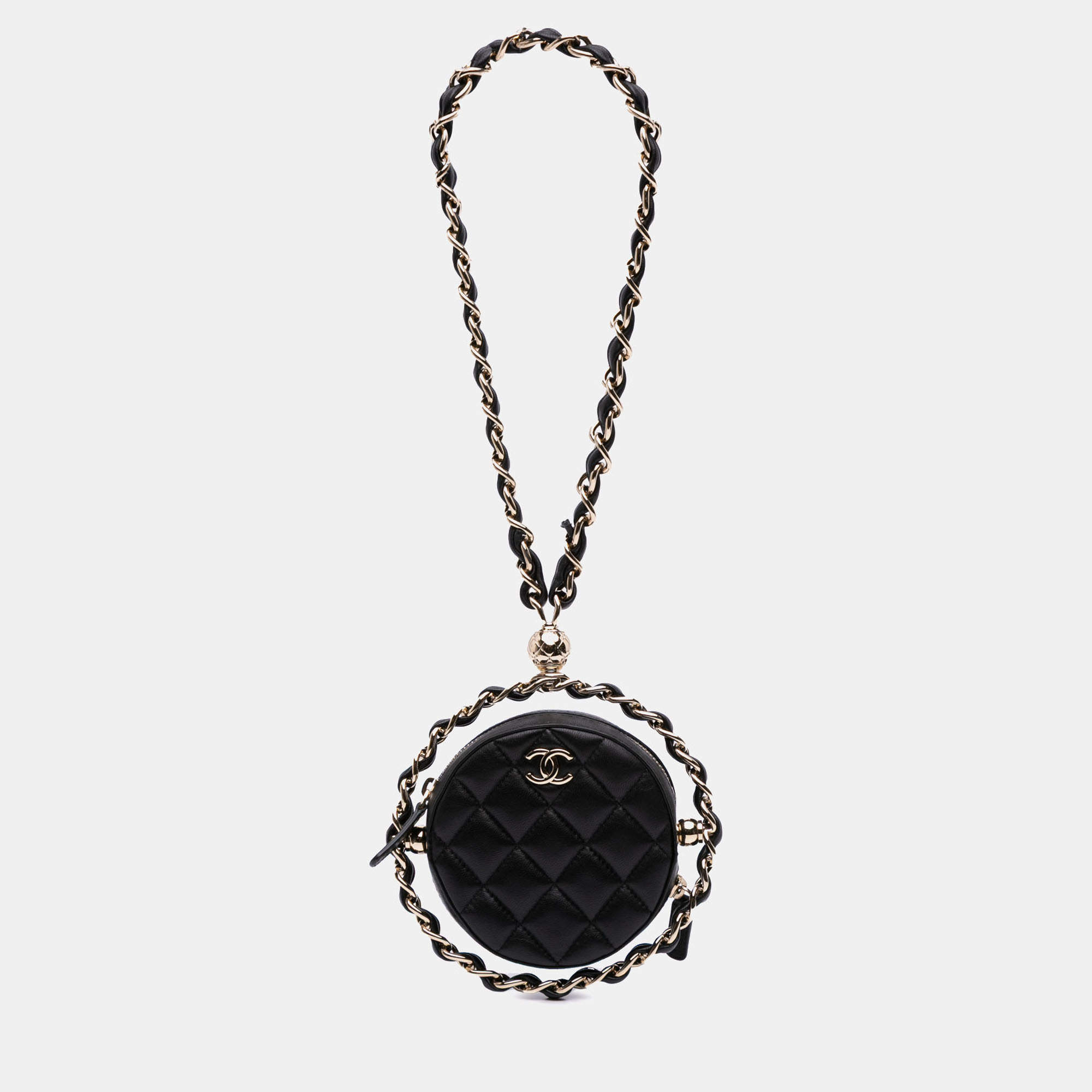 Pre Owned Chanel Black CC Quilted Lambskin Round Chain Around Clutch With Chain
