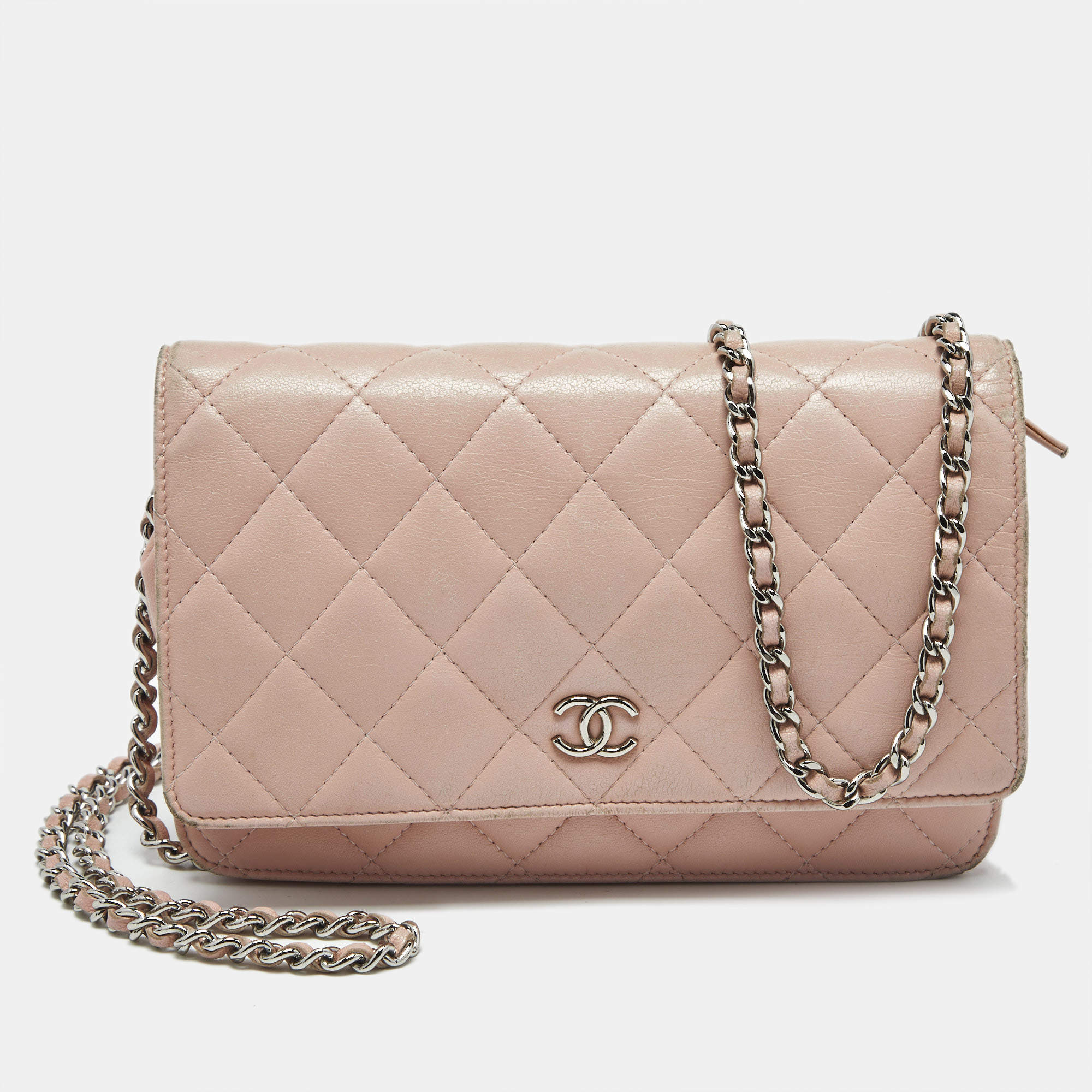 Pre Owned Chanel Light Pink Quilted Leather CC Wallet on Chain