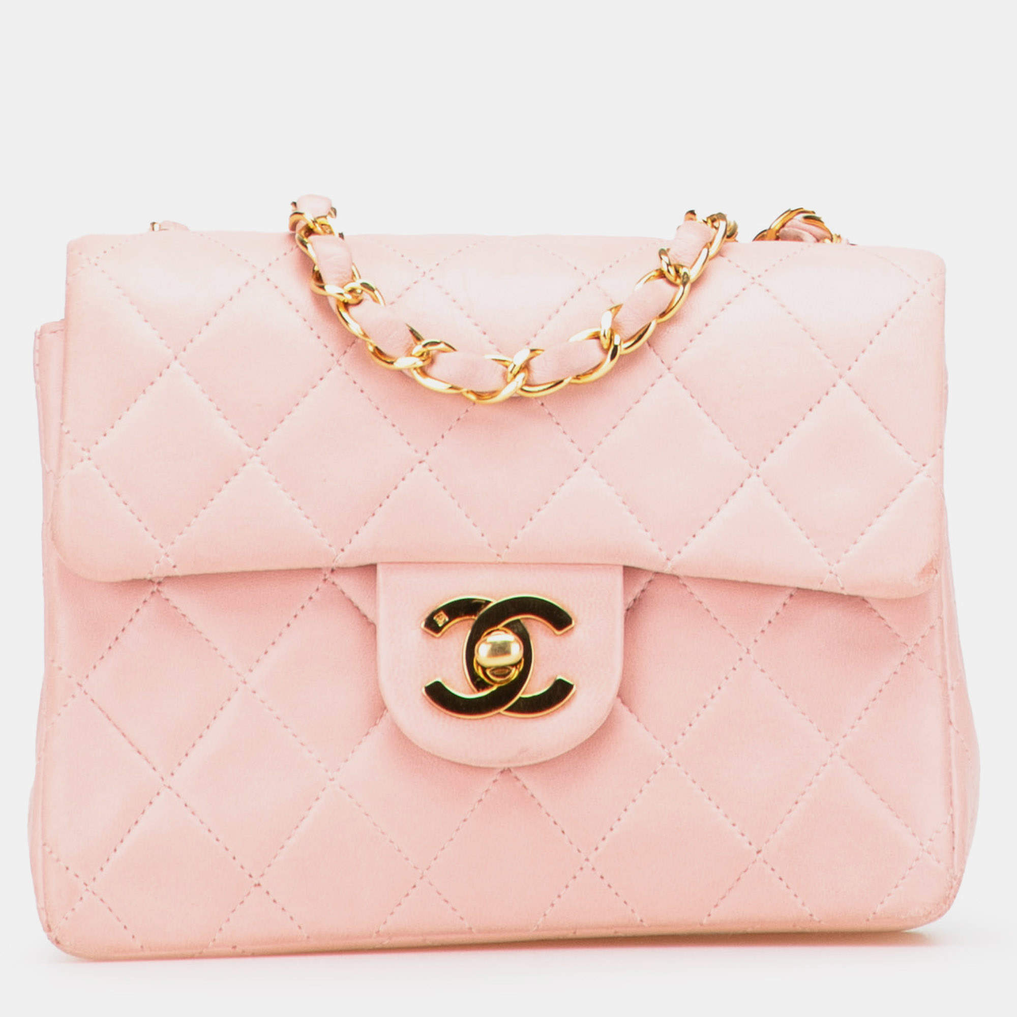 Pre Owned Chanel Pink Mini Square Classic Lambskin Single Flap