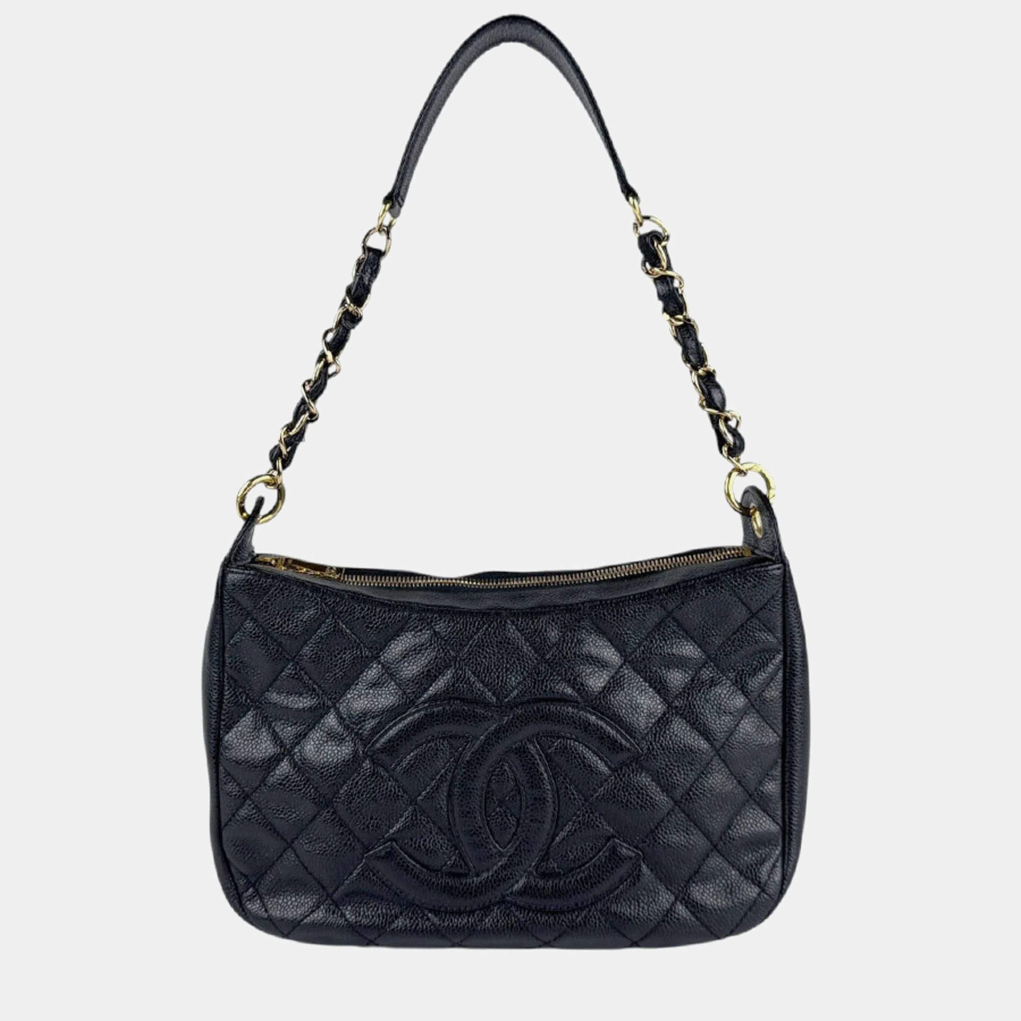 Pre Owned Chanel Shoulder Bag Matelasse Caviar Skin Leather Black Gold