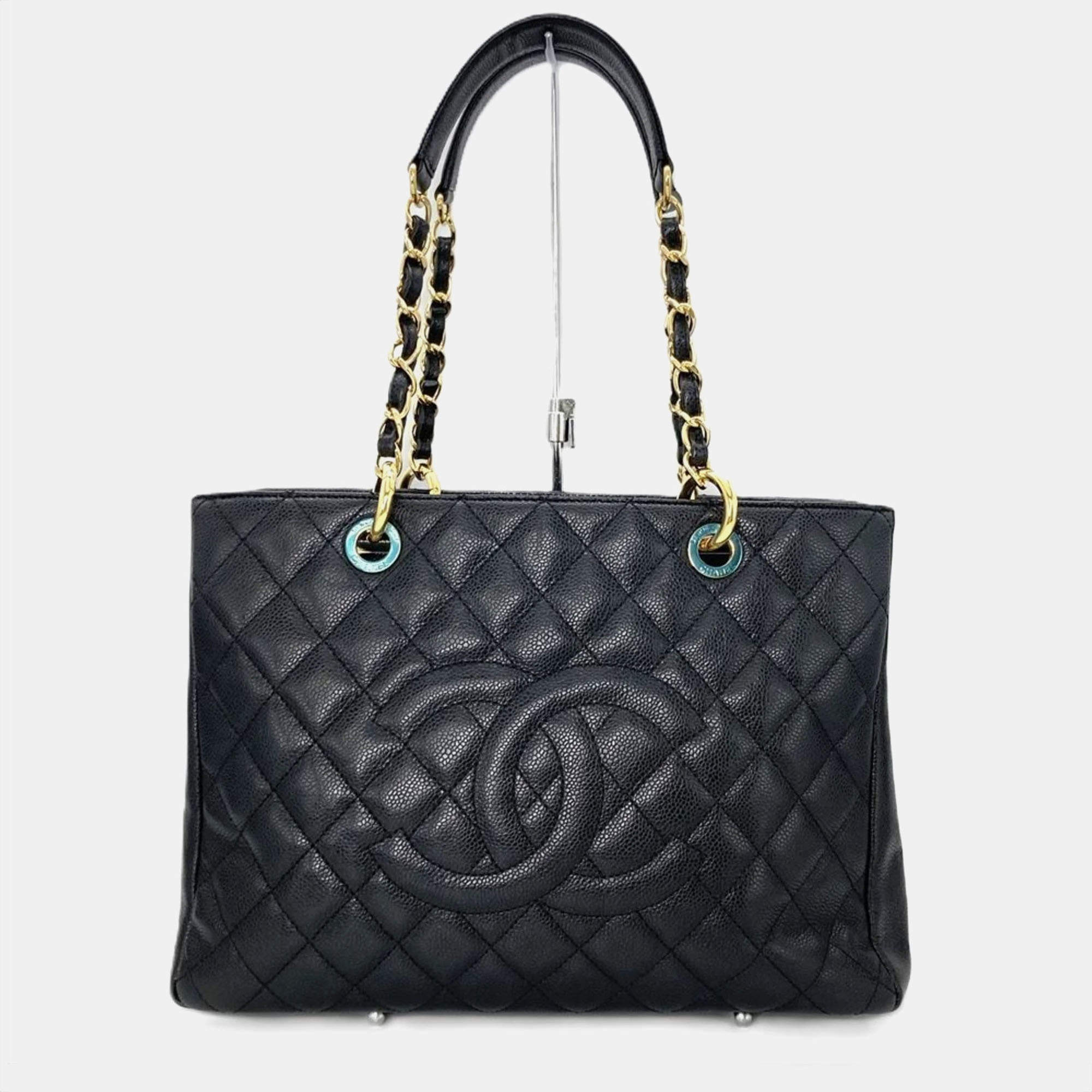 Pre Owned Chanel Grand GST Black Caviar Skin Tote Bag