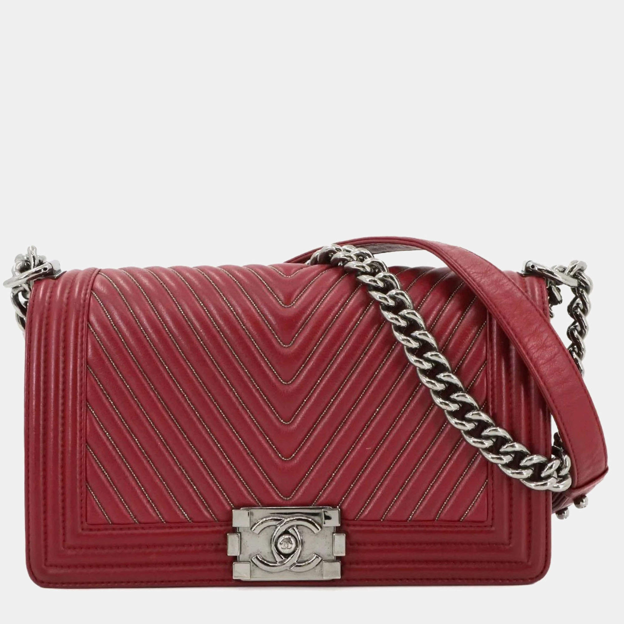 Pre Owned Chanel Boy Red Leather Chevron V-Stitch Chain Shoulder Bag