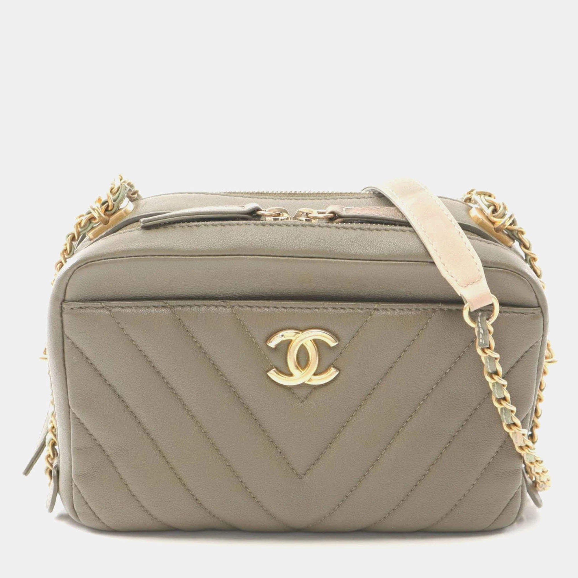 Pre Owned Chanel Chevron V-Stitch Khaki Lambskin Shoulder Bag