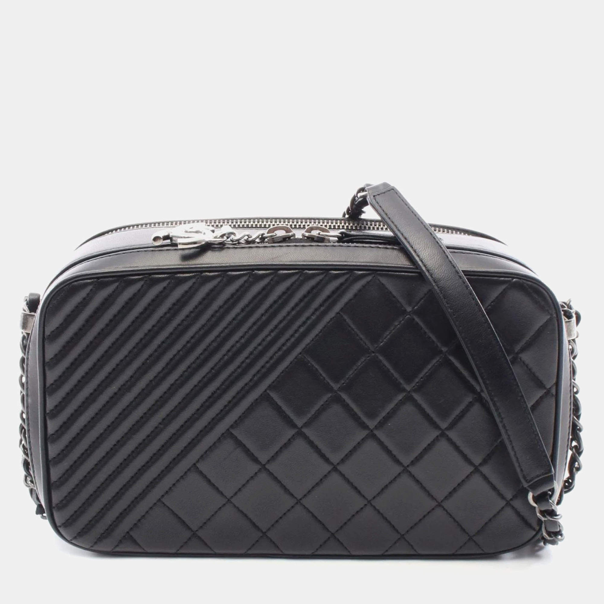 Pre Owned Chanel Boy Black Lambskin Leather Camera Bag