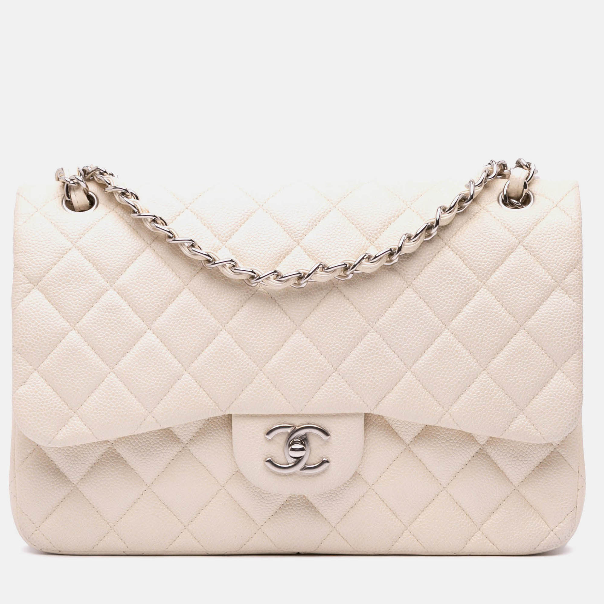 Pre Owned Chanel Classic Double Flap Jumbo White Caviar Shoulder Bag