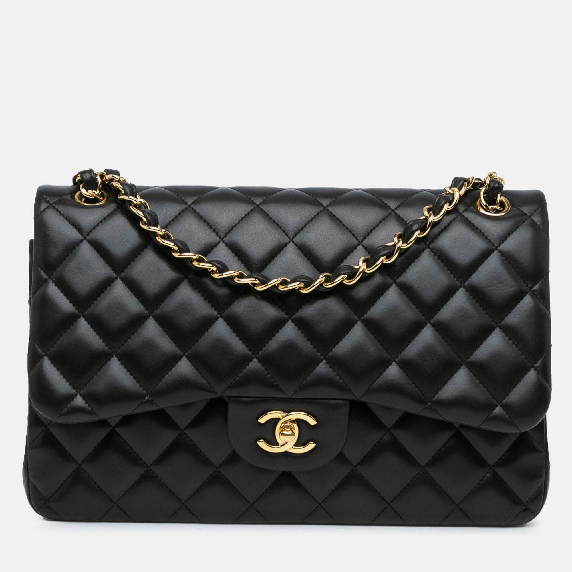 Pre Owned Chanel Classic Double Flap Jumbo Black Lambskin Shoulder Bag