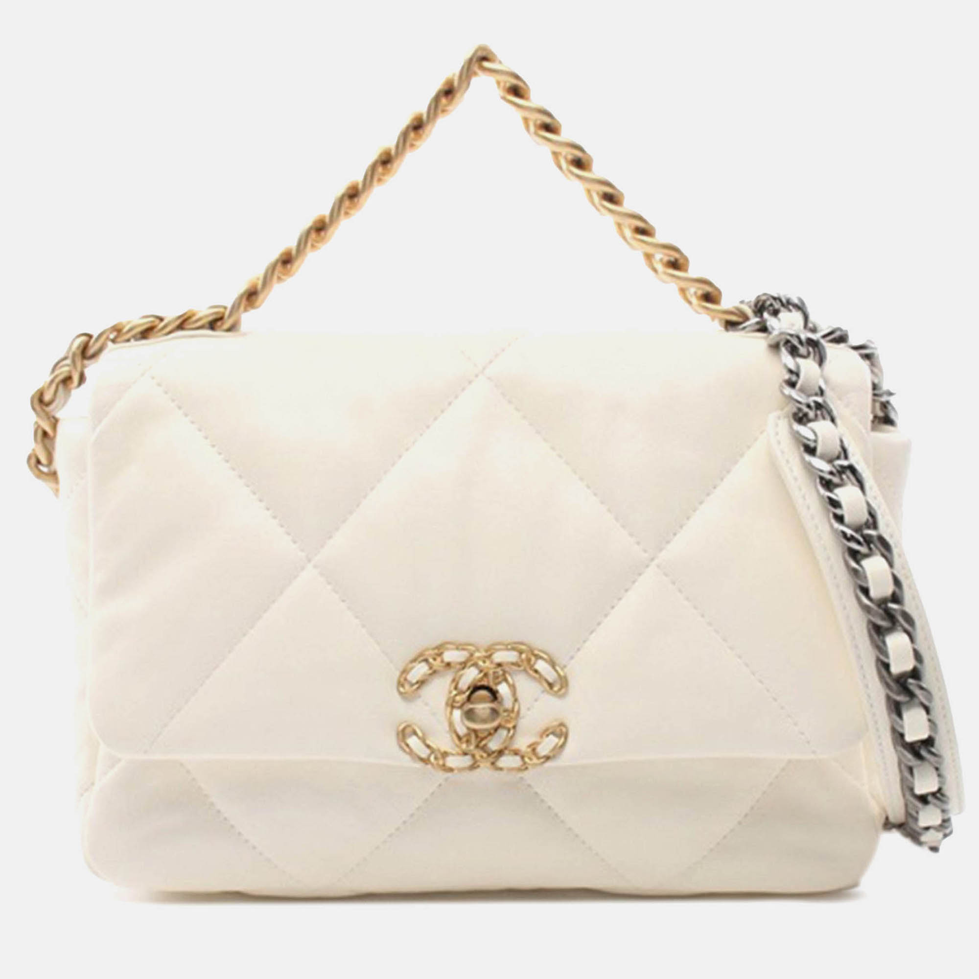 Pre Owned حقيبة شانيل 19 كتف جلد حملان أبيض متوسطة غطاء