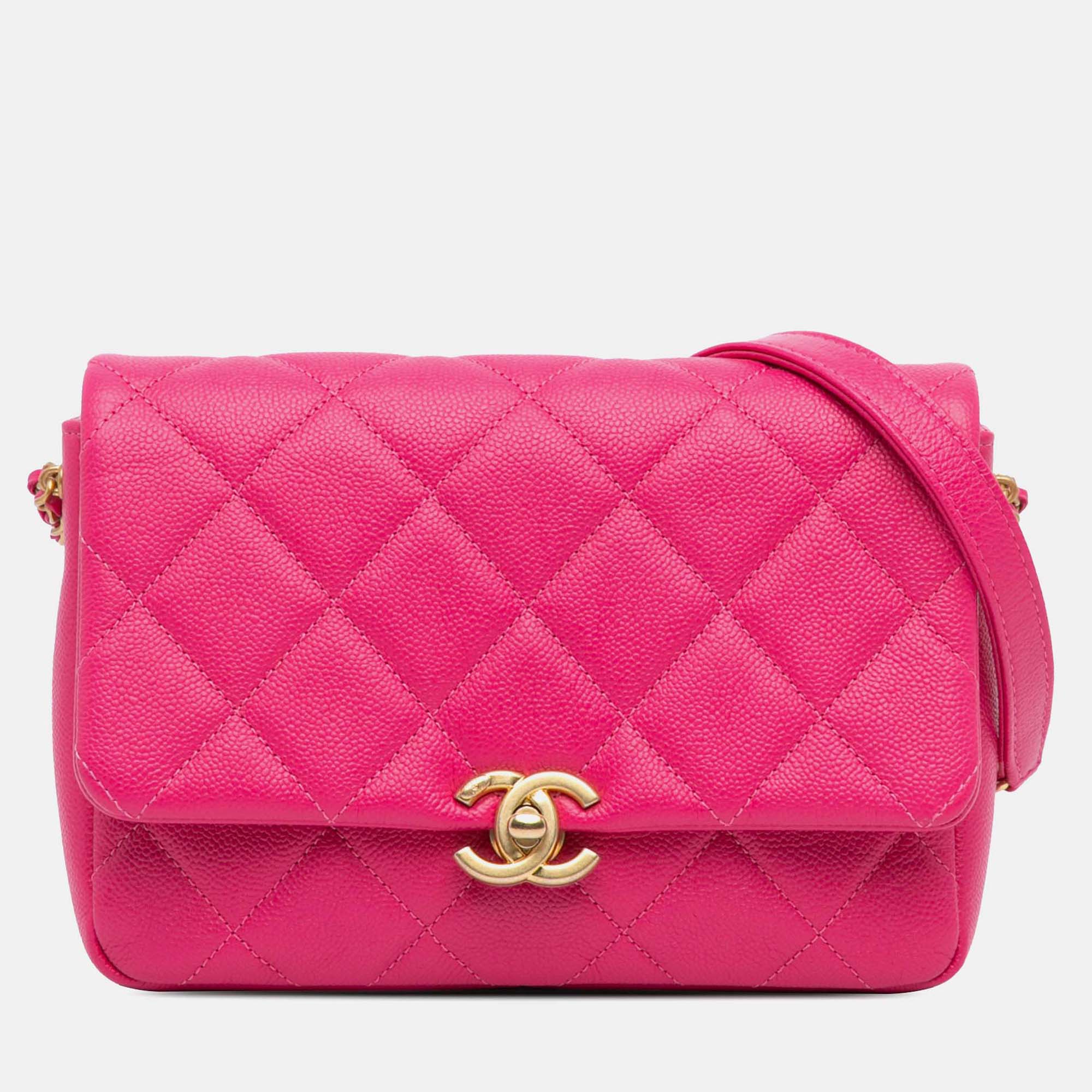 Pre Owned Chanel Chain Melody Flap Small Pink Quilted Caviar Shoulder Bag