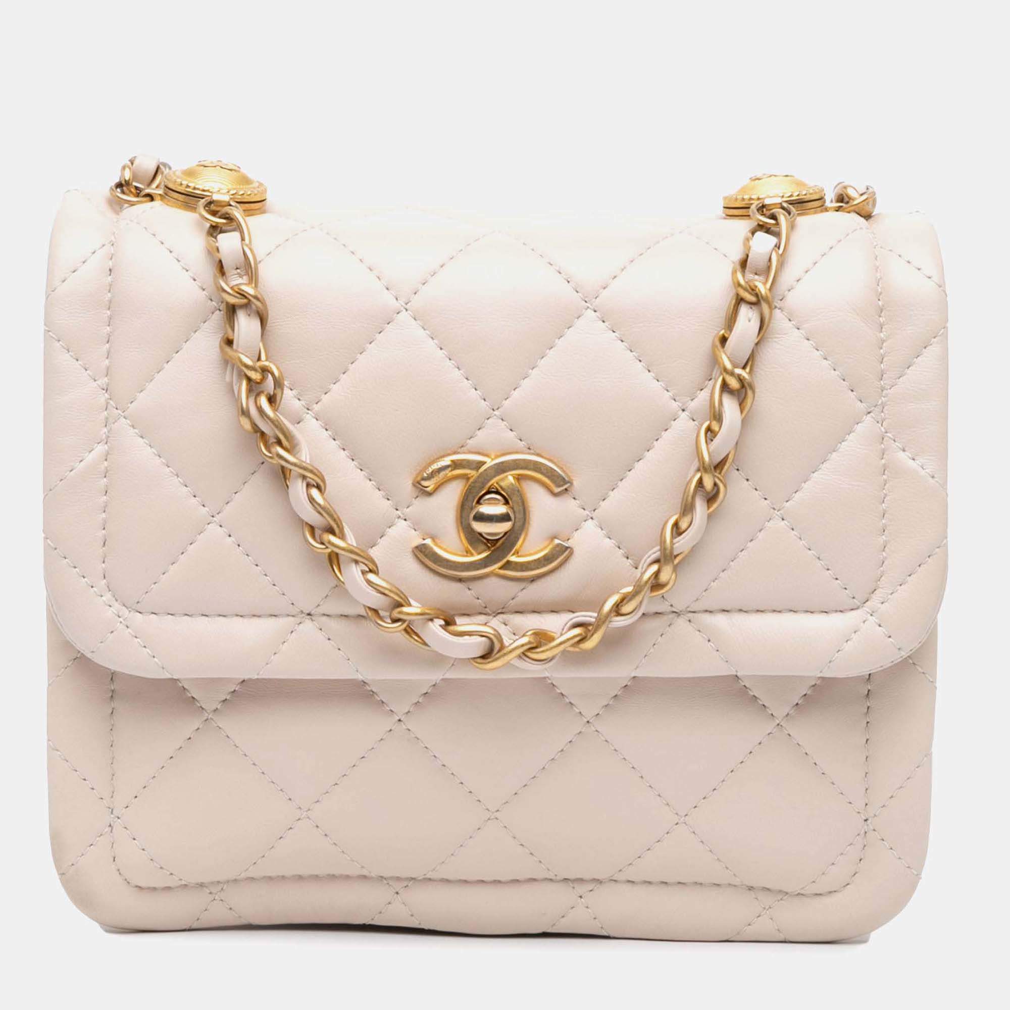 Pre Owned Chanel Button On Top Flap Small Lambskin Bag