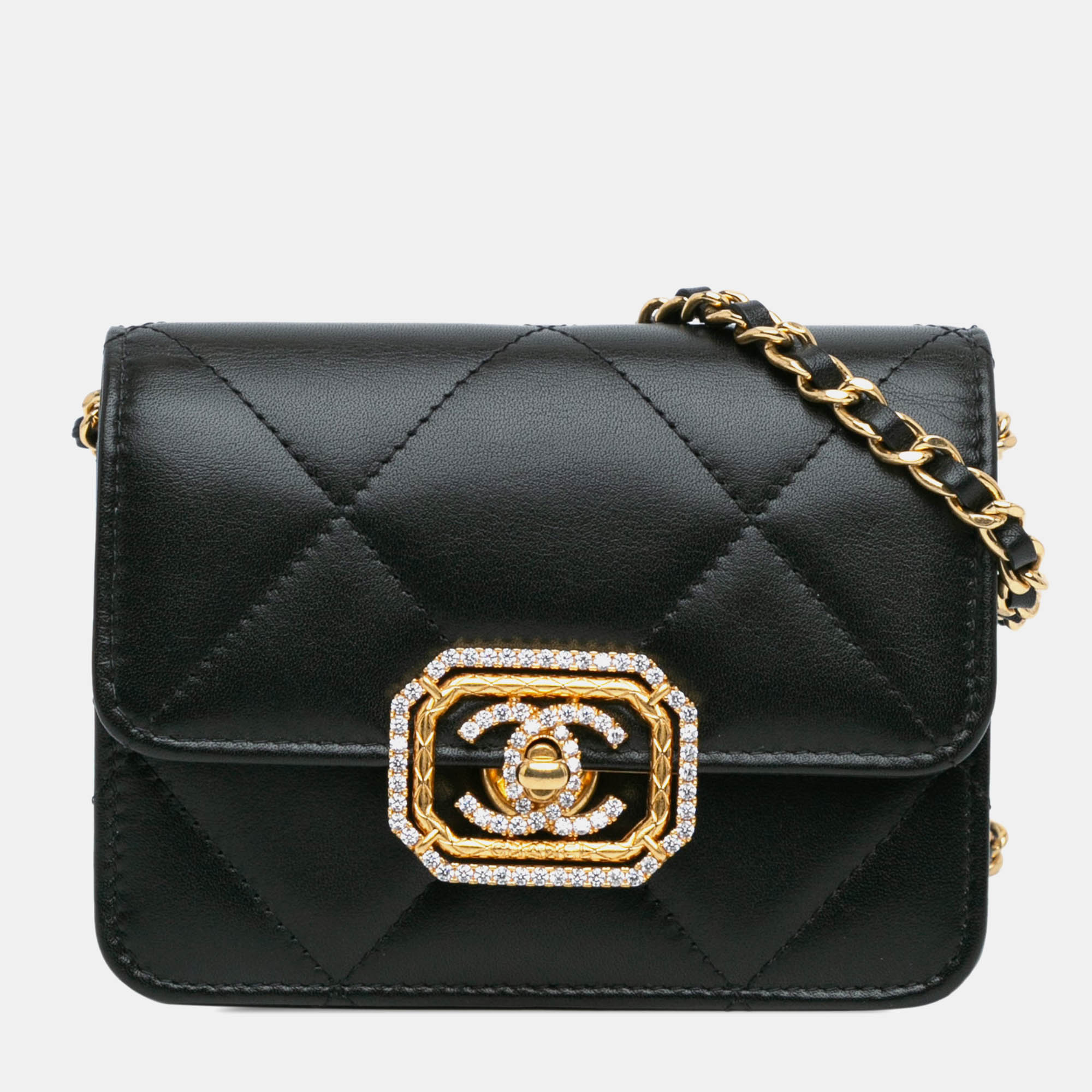 Pre Owned Chanel Card Holder On Chain Quilted Calfskin Strass Bag
