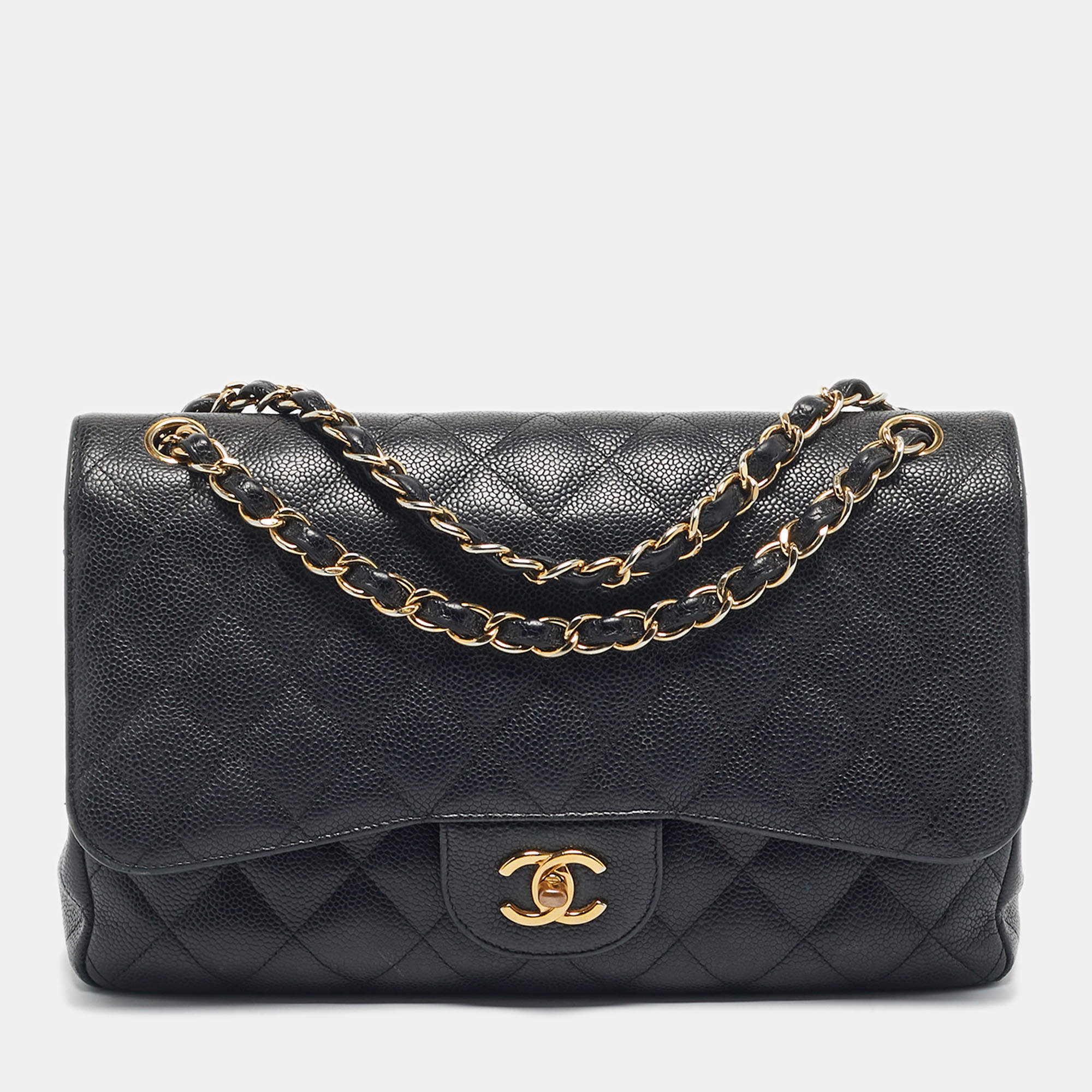 Pre Owned Chanel Black Quilted Caviar Leather Jumbo Classic Double Flap Bag