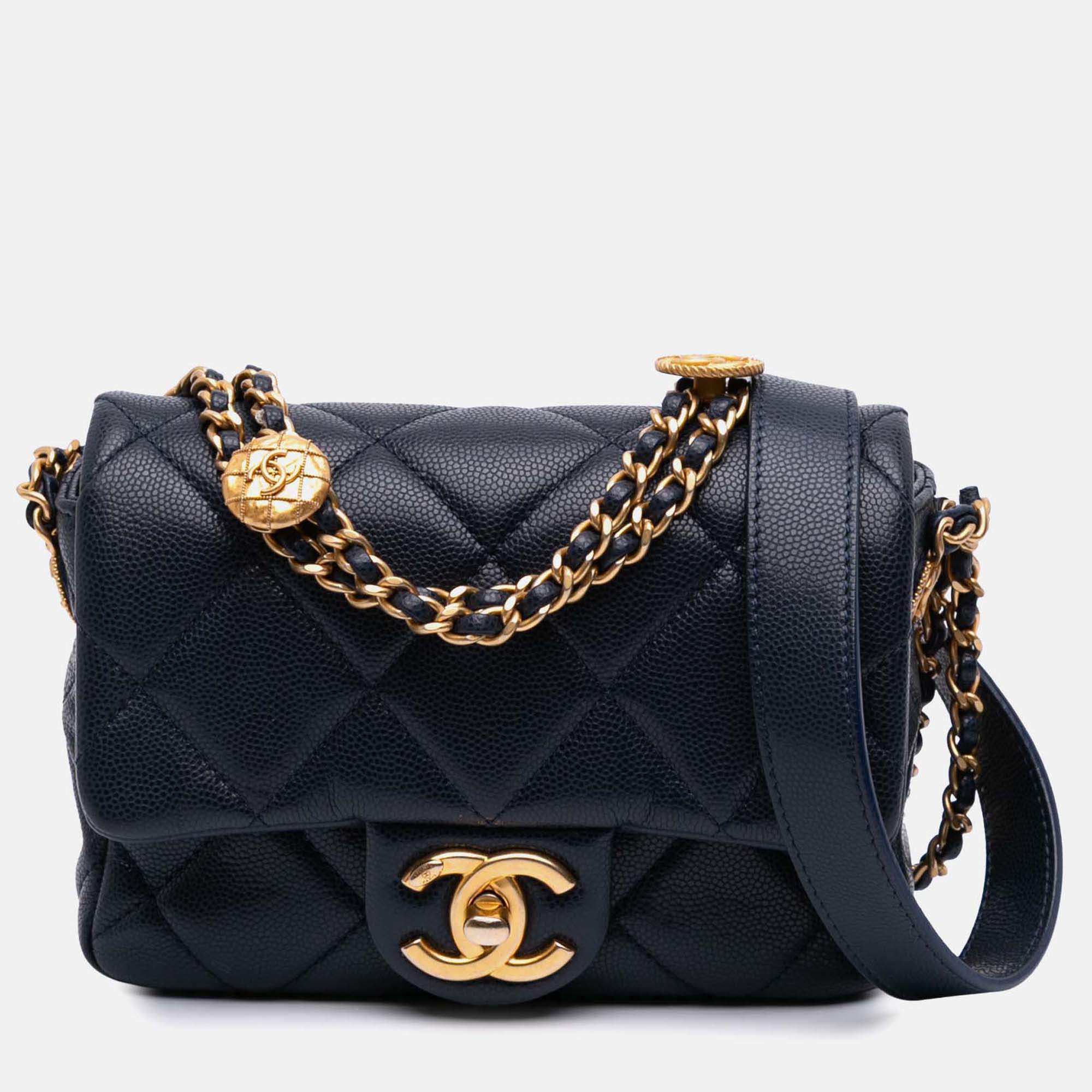 Pre Owned Chanel Navy Blue Mini Caviar Twist Your Buttons Flap
