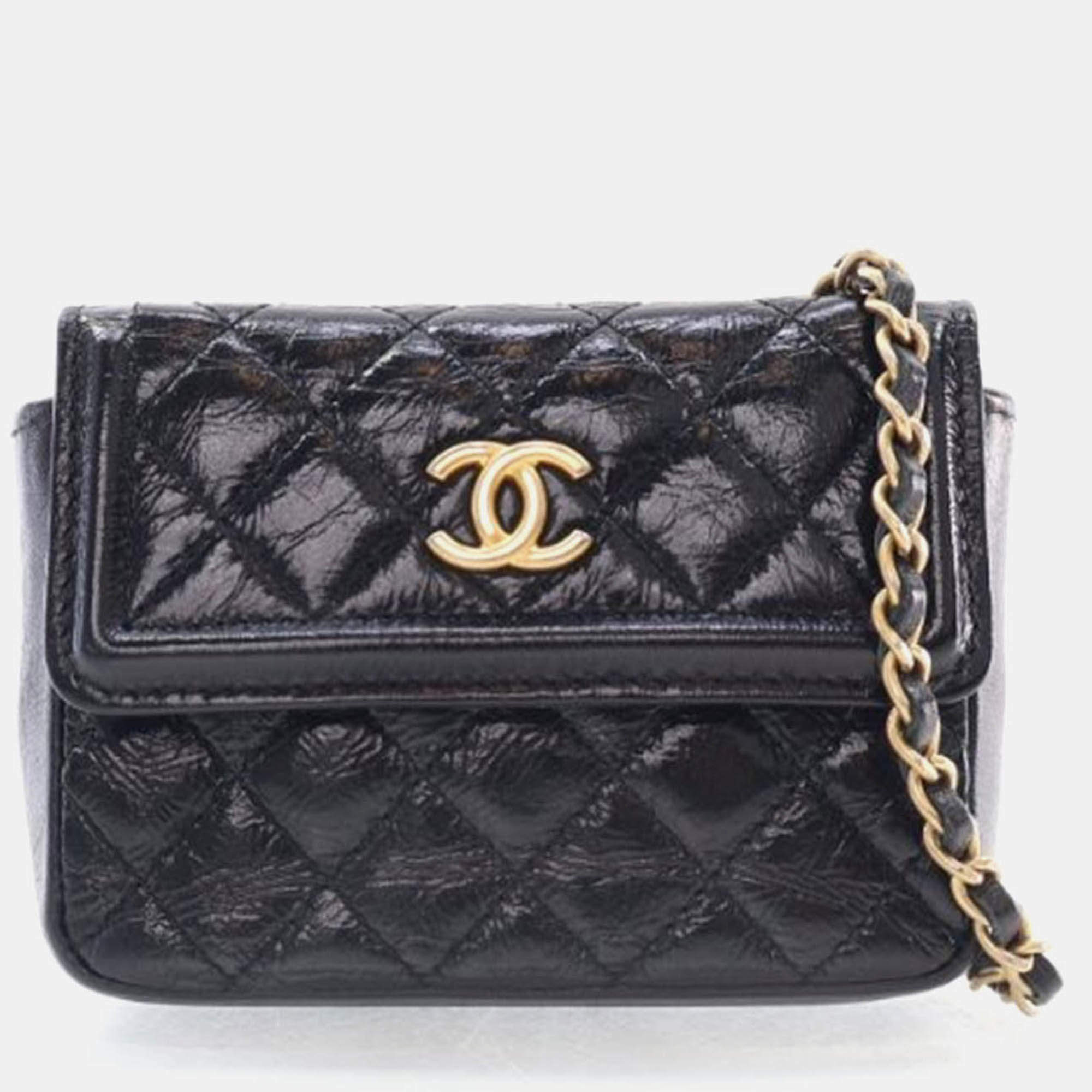 Pre Owned Chanel Mini Black Shiny Aged Calfskin Waist Bag