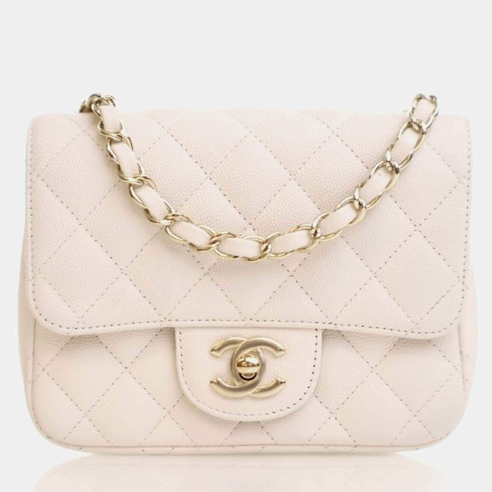 Pre Owned Chanel Mini White Caviar Square Classic Flap Bag