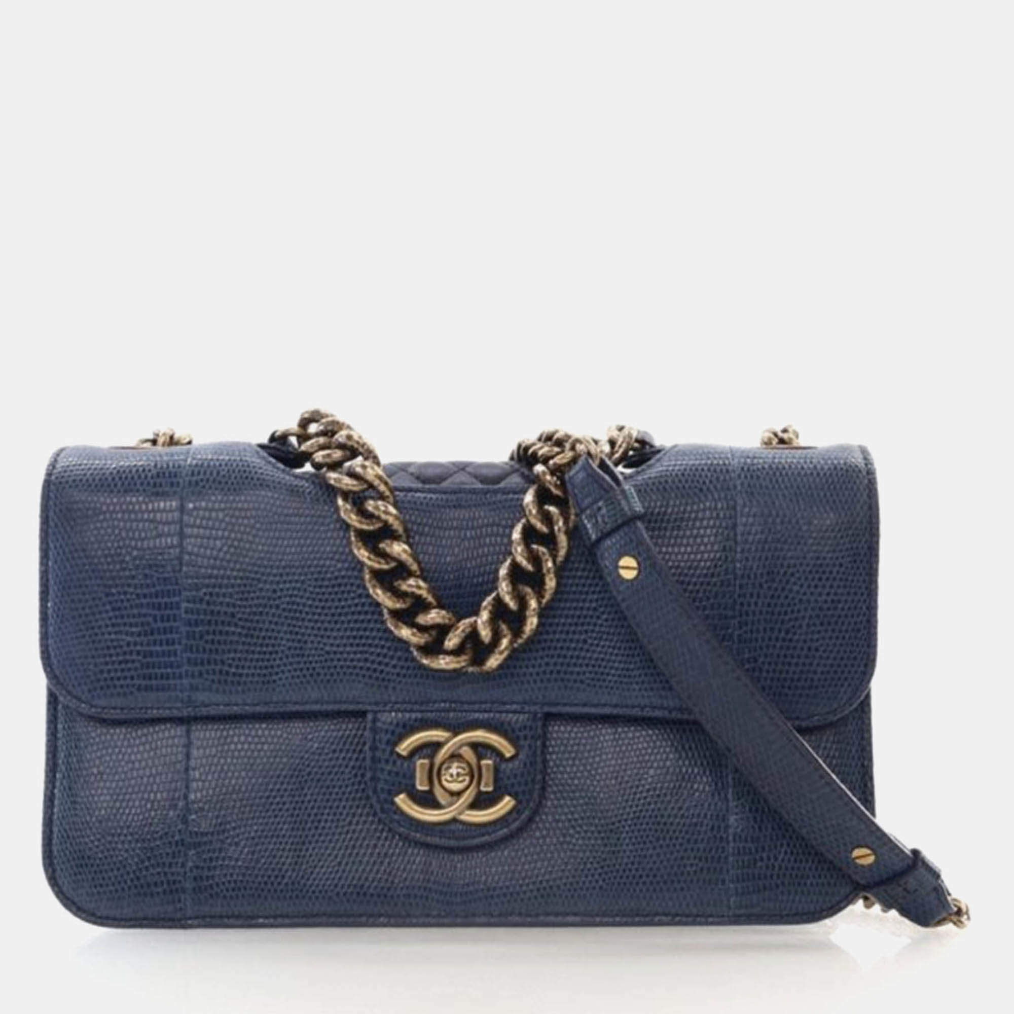 Pre Owned Chanel Perfect Edge Flap Bag Medium Blue Lizard Shoulder Bag