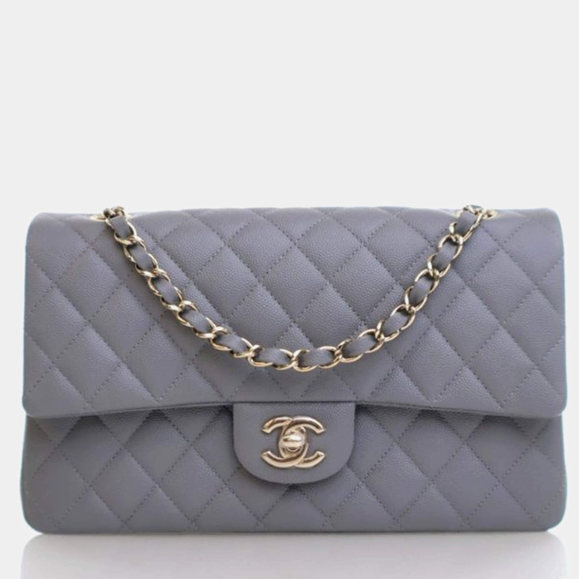 Pre Owned Chanel Classic Double Flap Bag Medium Grey Caviar Leather Shoulder Bag