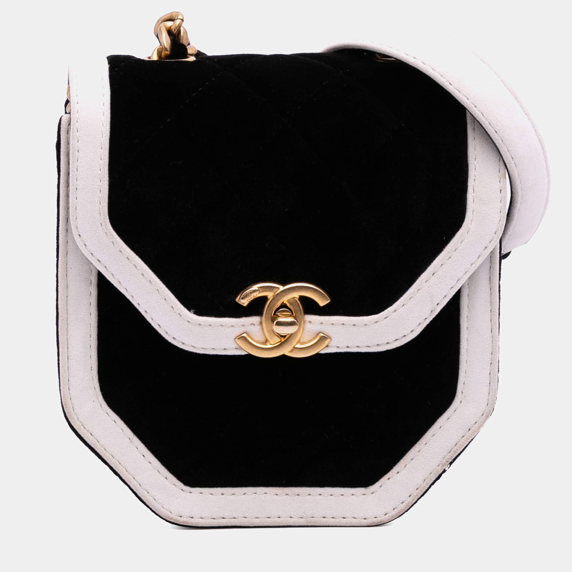 Pre Owned Chanel Black White Mini Quilted Velvet Place Vendome Single Flap