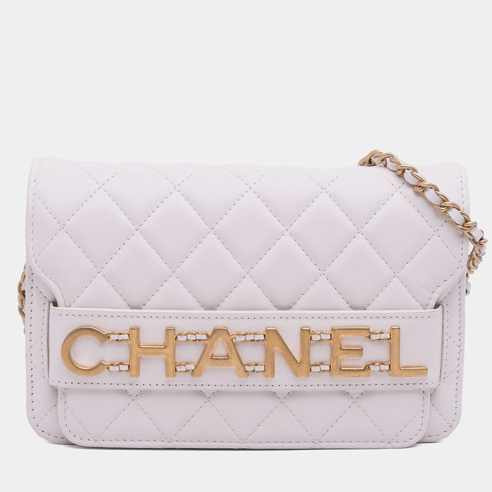 Pre Owned Chanel White Medium Quilted Calfskin Enchained Flap Bag