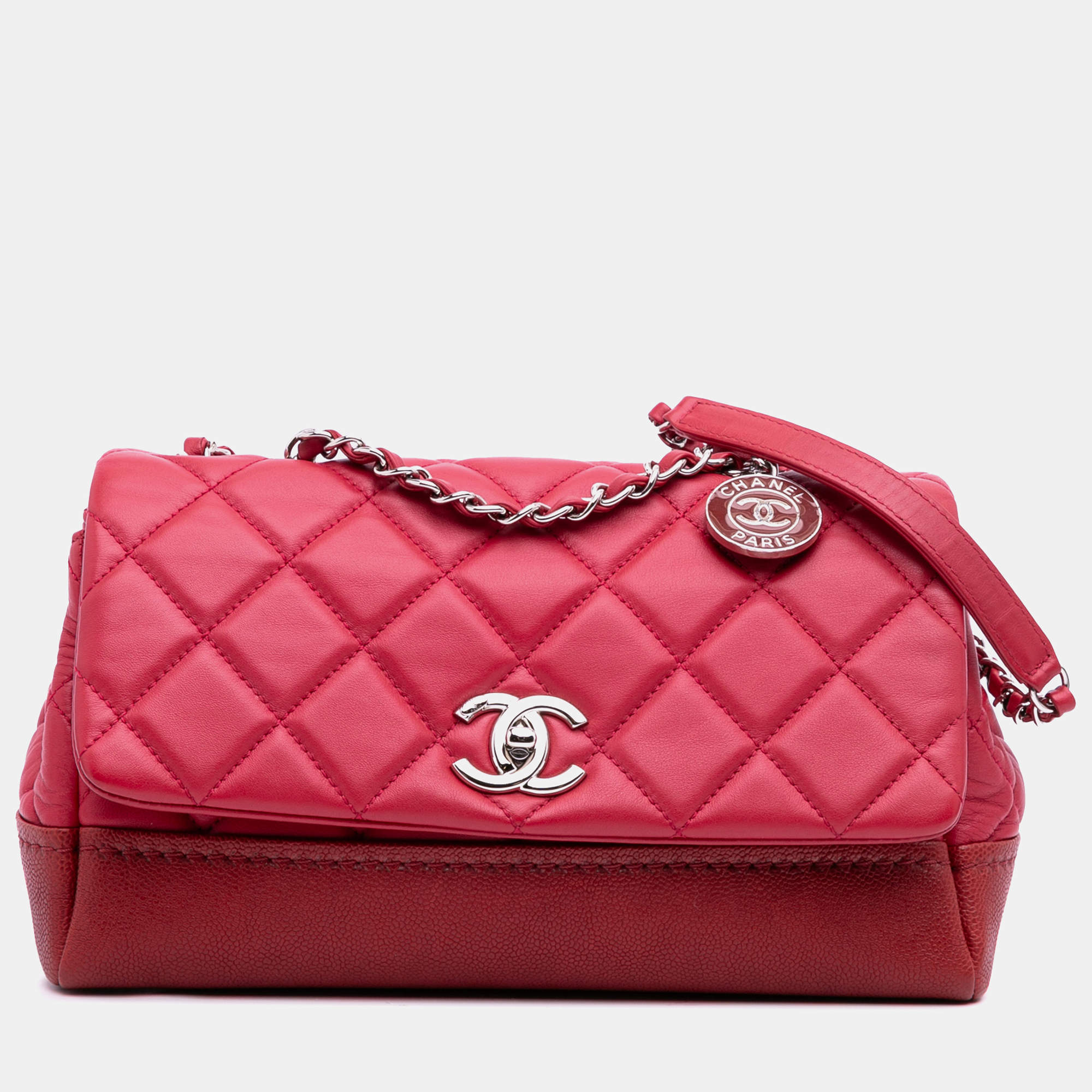 Pre Owned Chanel Red Medium Quilted Lambskin and Caviar Bi Coco Flap Bag