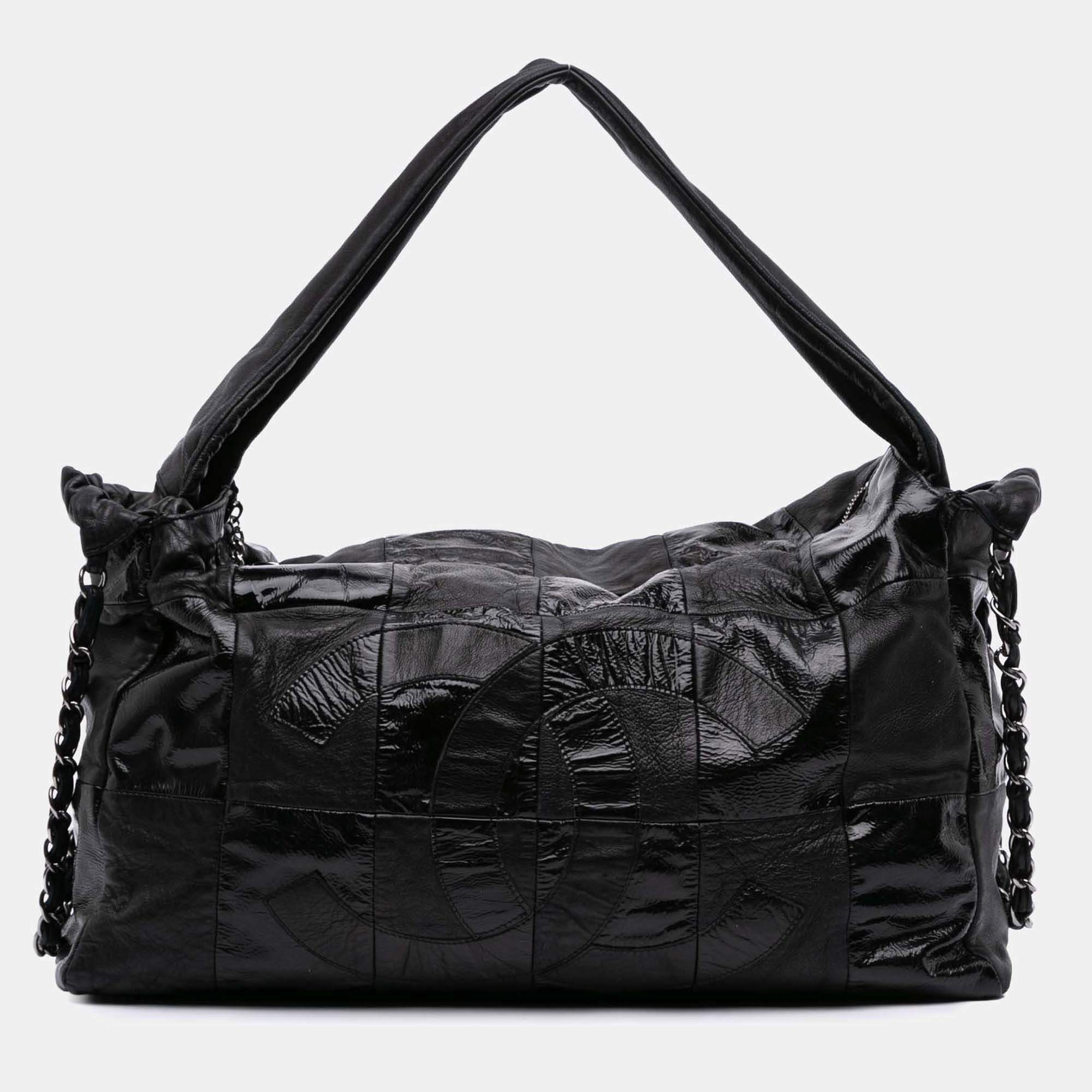 Pre Owned Chanel Black Lambskin Patent Brooklyn Patchwork Hobo Bag